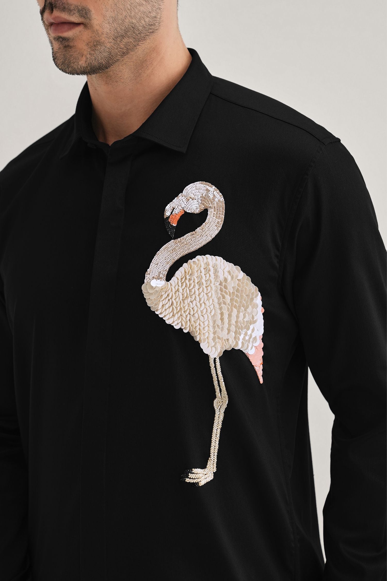 Flamingo - Hand Embroidered Designer Shirt - Black