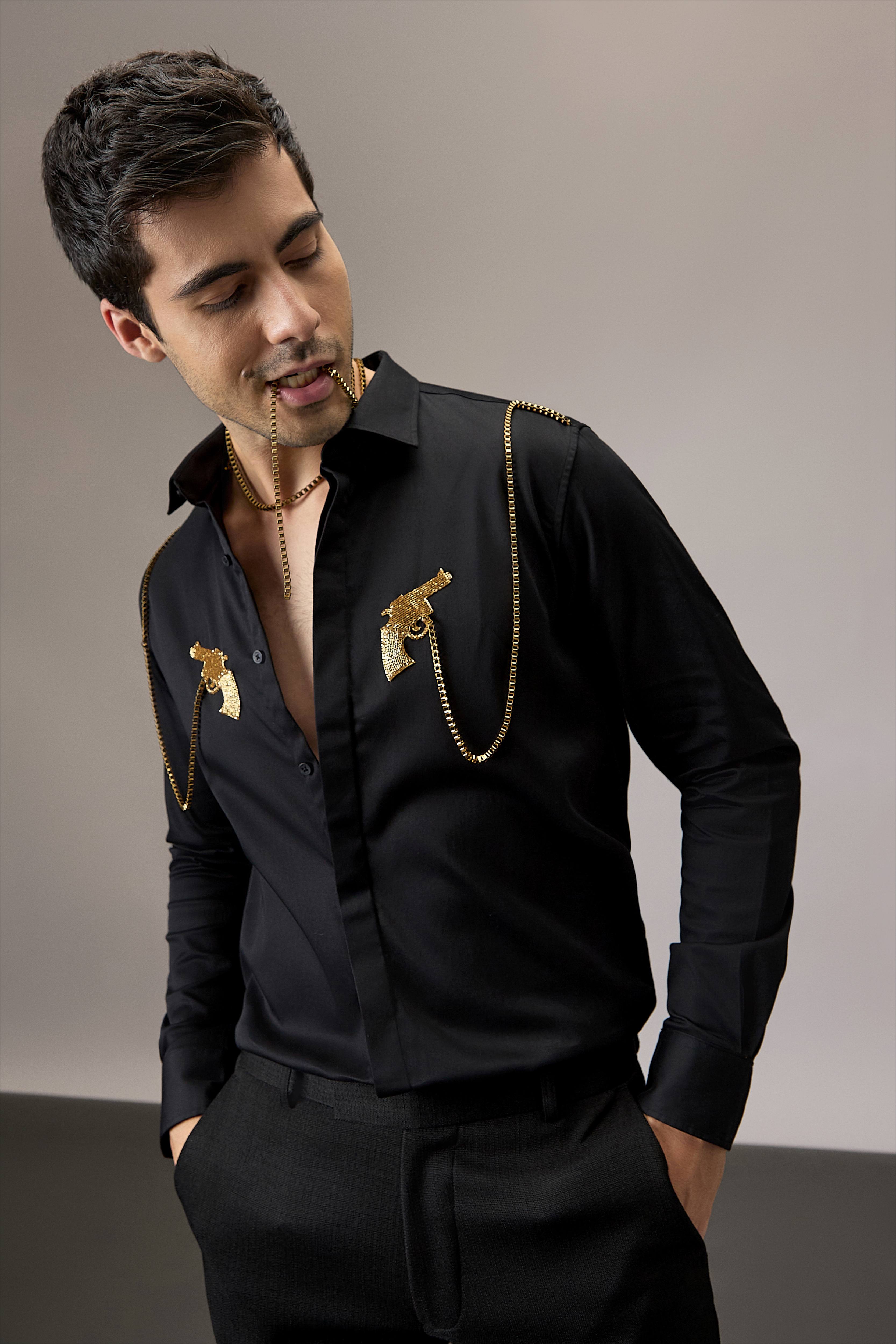 black dress shirt with gold design Black/Gold Shirt S