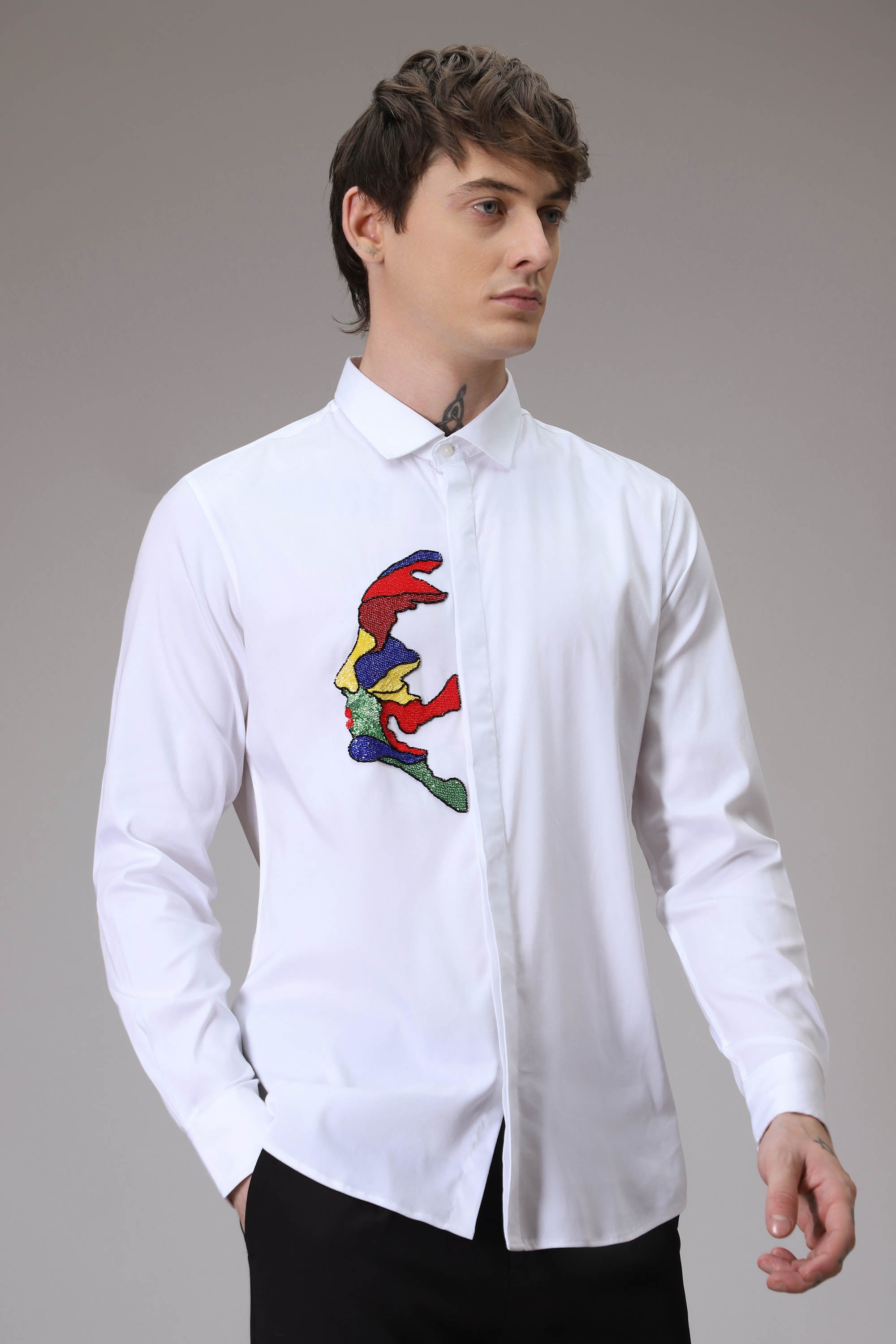 Abstract Face hand embroidered designer shirt - White