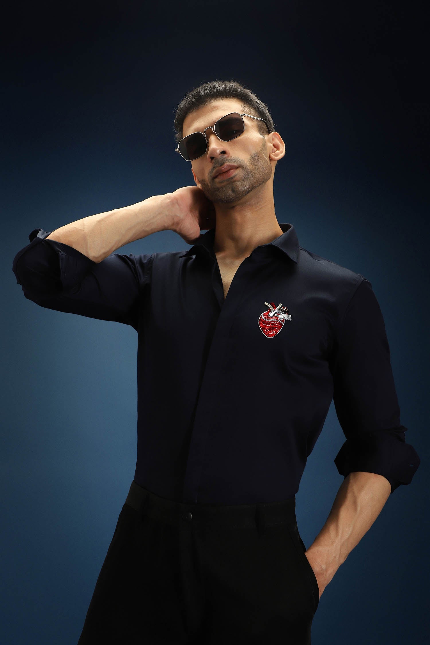 Biological Heart Hand Embroidered Designer Shirt - Navy