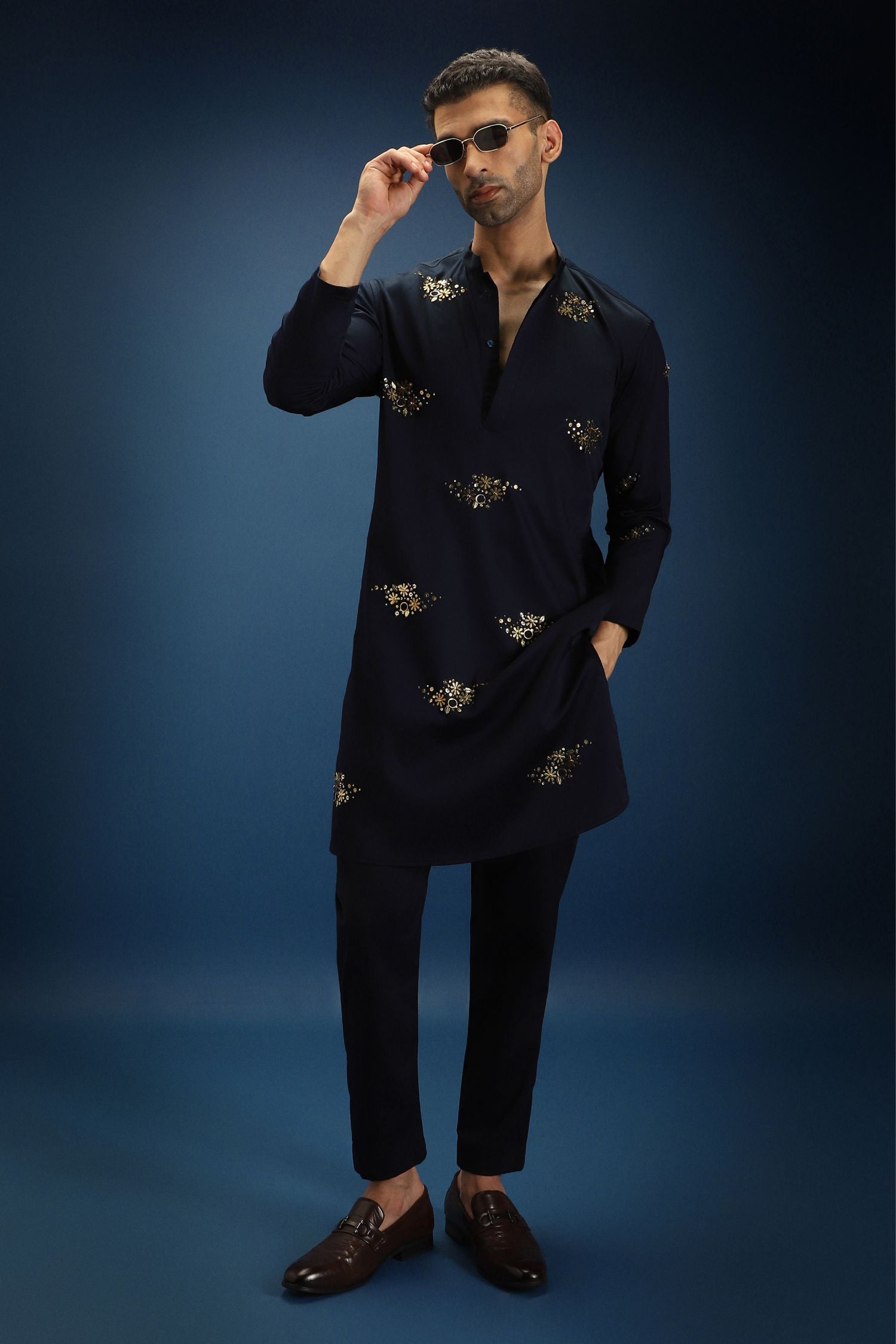 Tussie Mussie Hand Embroidered Designer Kurta - Navy