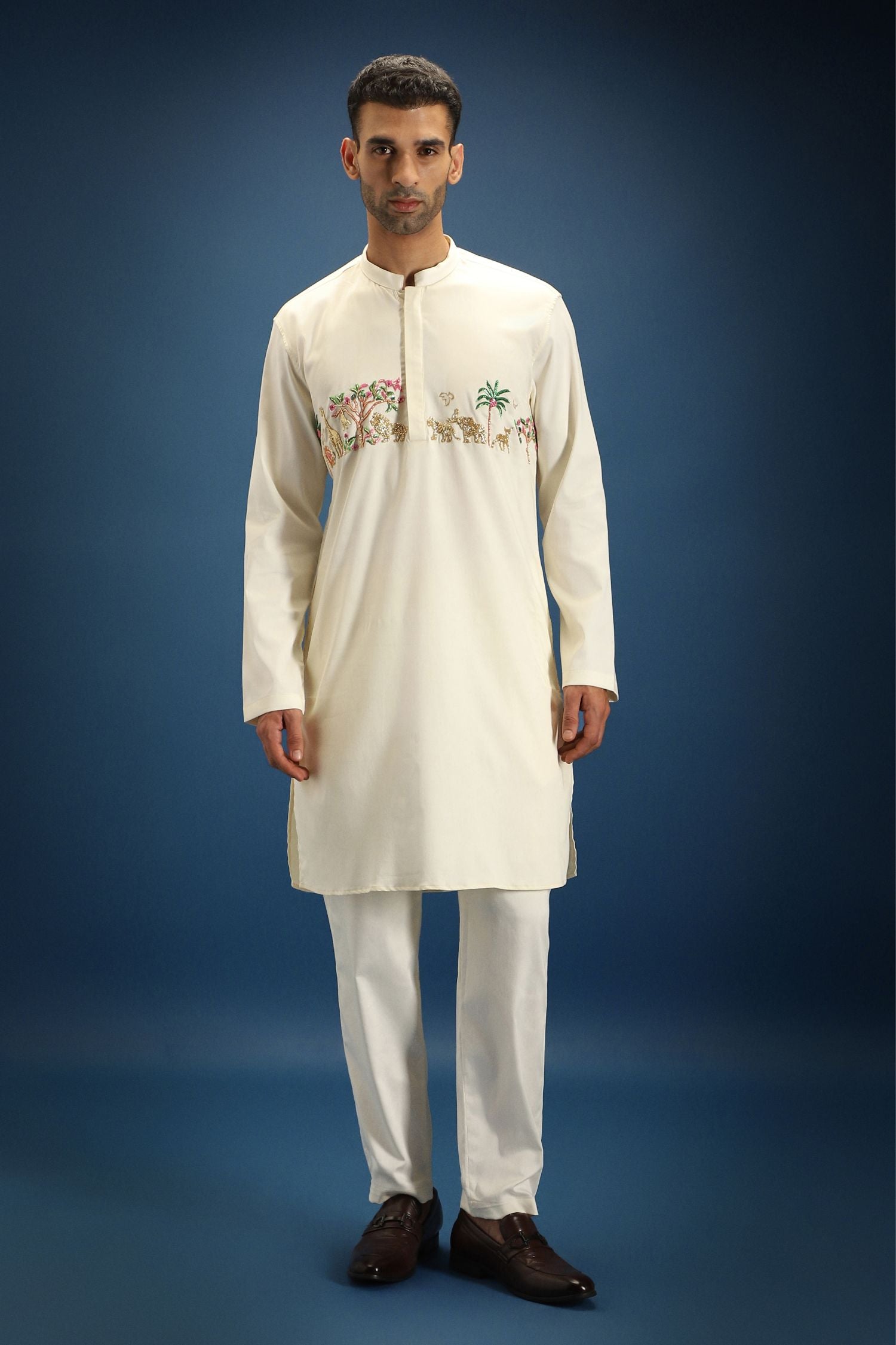 Jungle Hand Embroidered Designer Kurta - Ivory