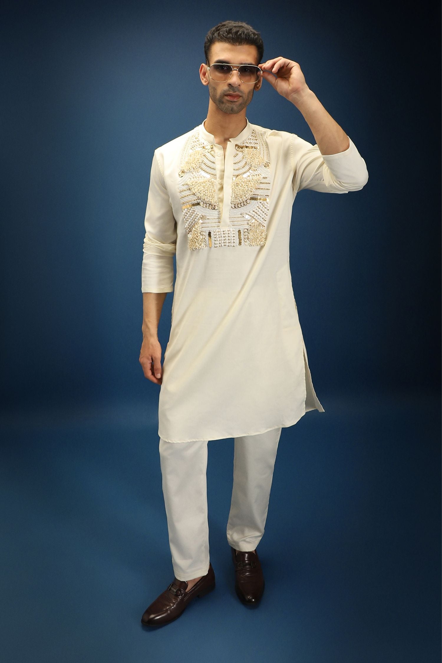Pearl Yoke Hand Embroidered Designer Kurta - Ivory