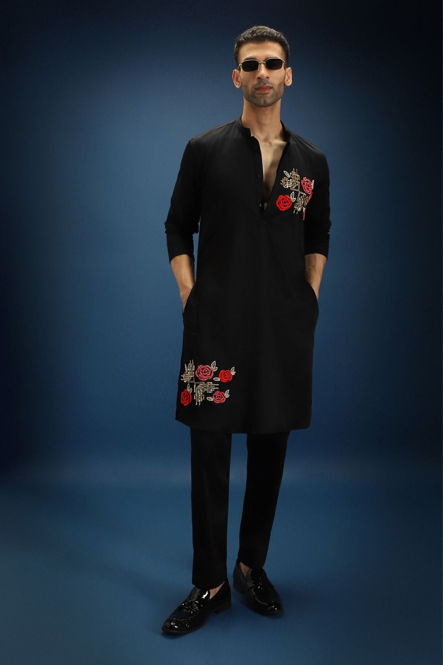Rosette Hand Embroidered Designer Kurta - Black