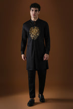 Lion Hand Embroidered Designer Kurta - Black
