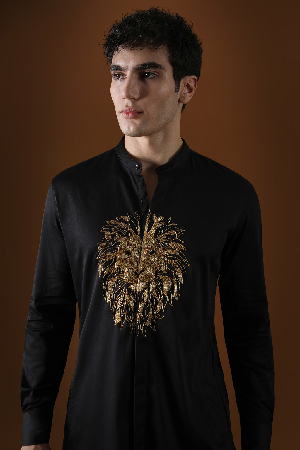 Lion Hand Embroidered Designer Kurta - Black