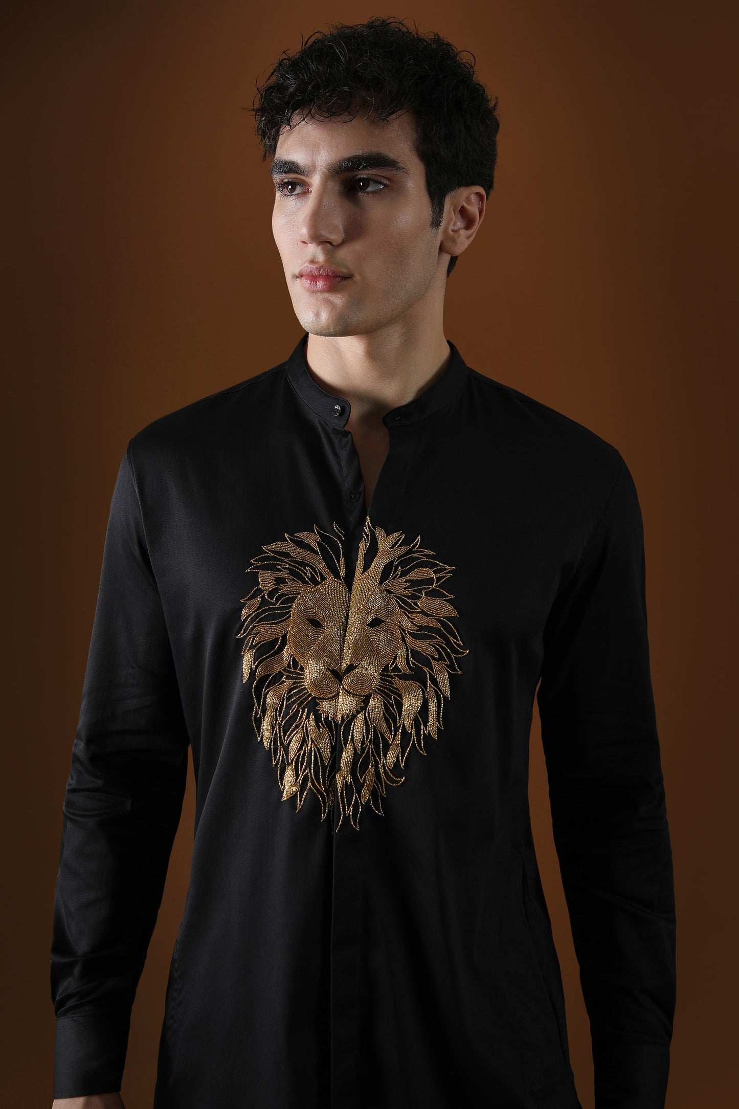 Lion Hand Embroidered Designer Kurta - Black