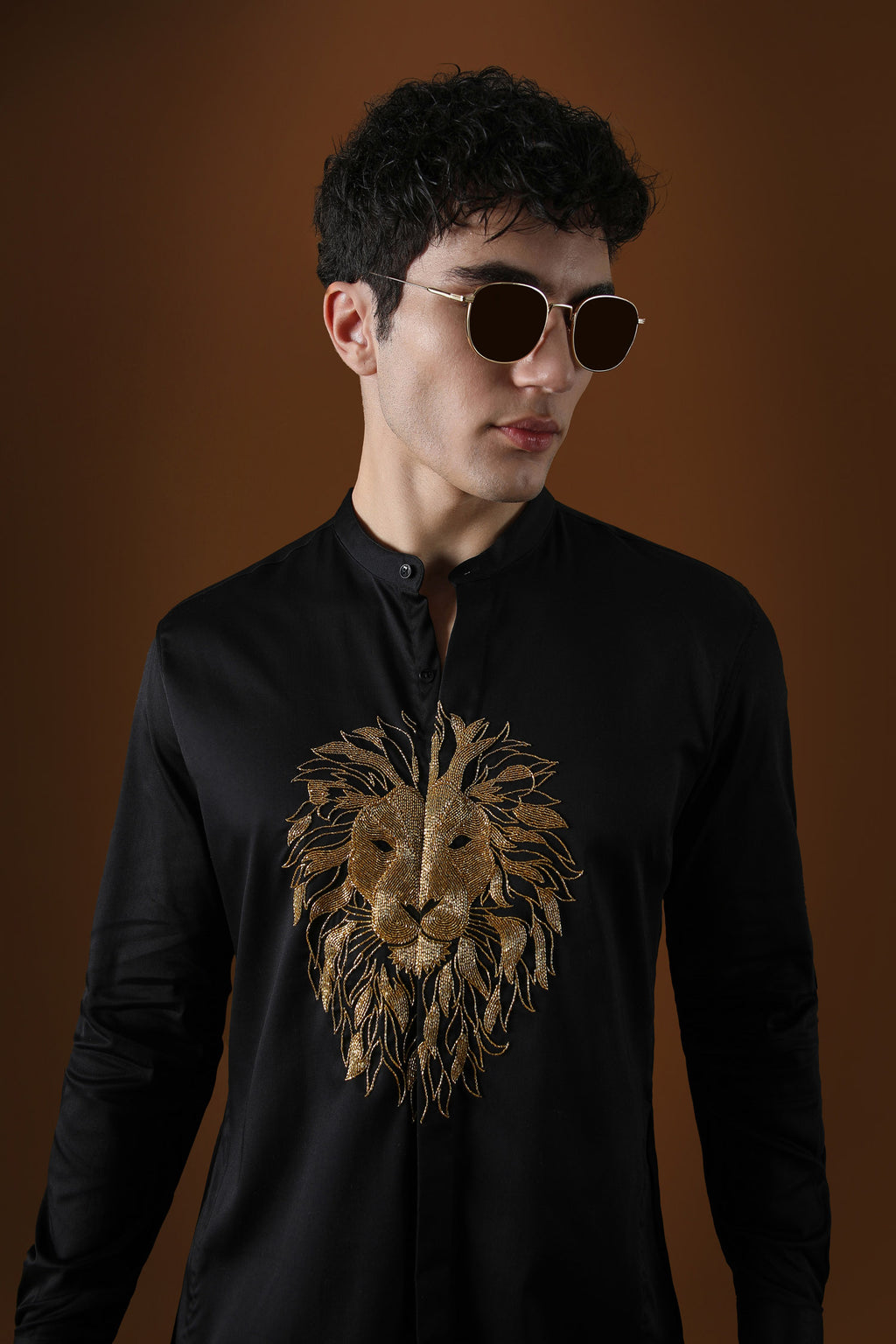 Lion Hand Embroidered Designer Kurta - Black