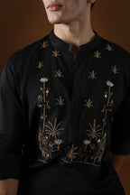 Deer in the Woods Hand Embroidered Designer Kurta - Black