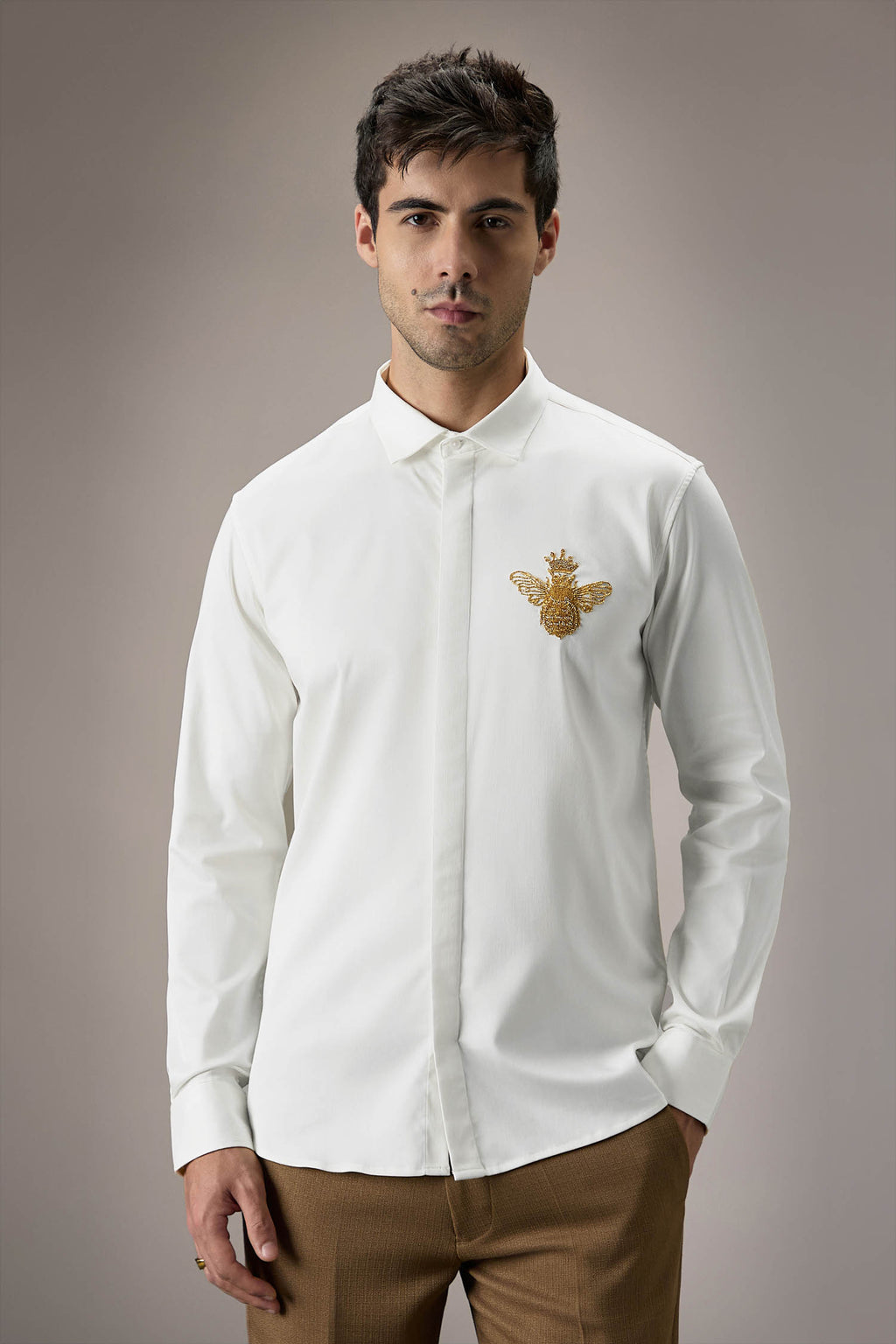 Queen Bee Hand Embroidered Designer Shirt - White