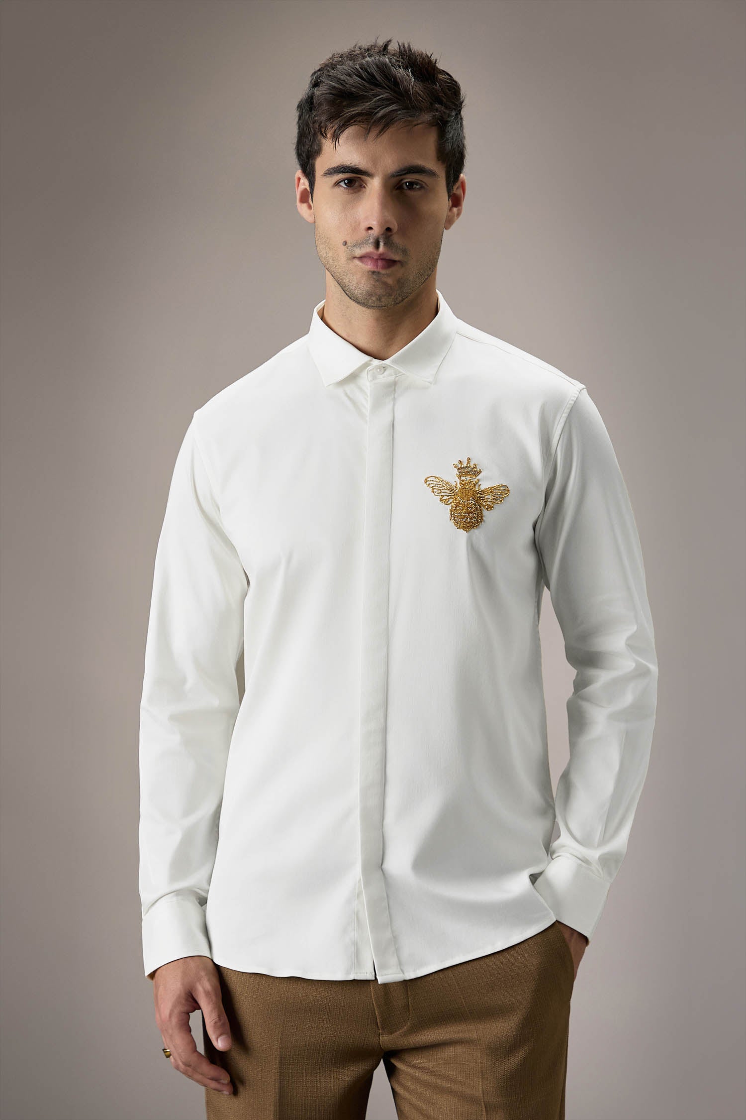 Queen Bee Hand Embroidered Designer Shirt - White