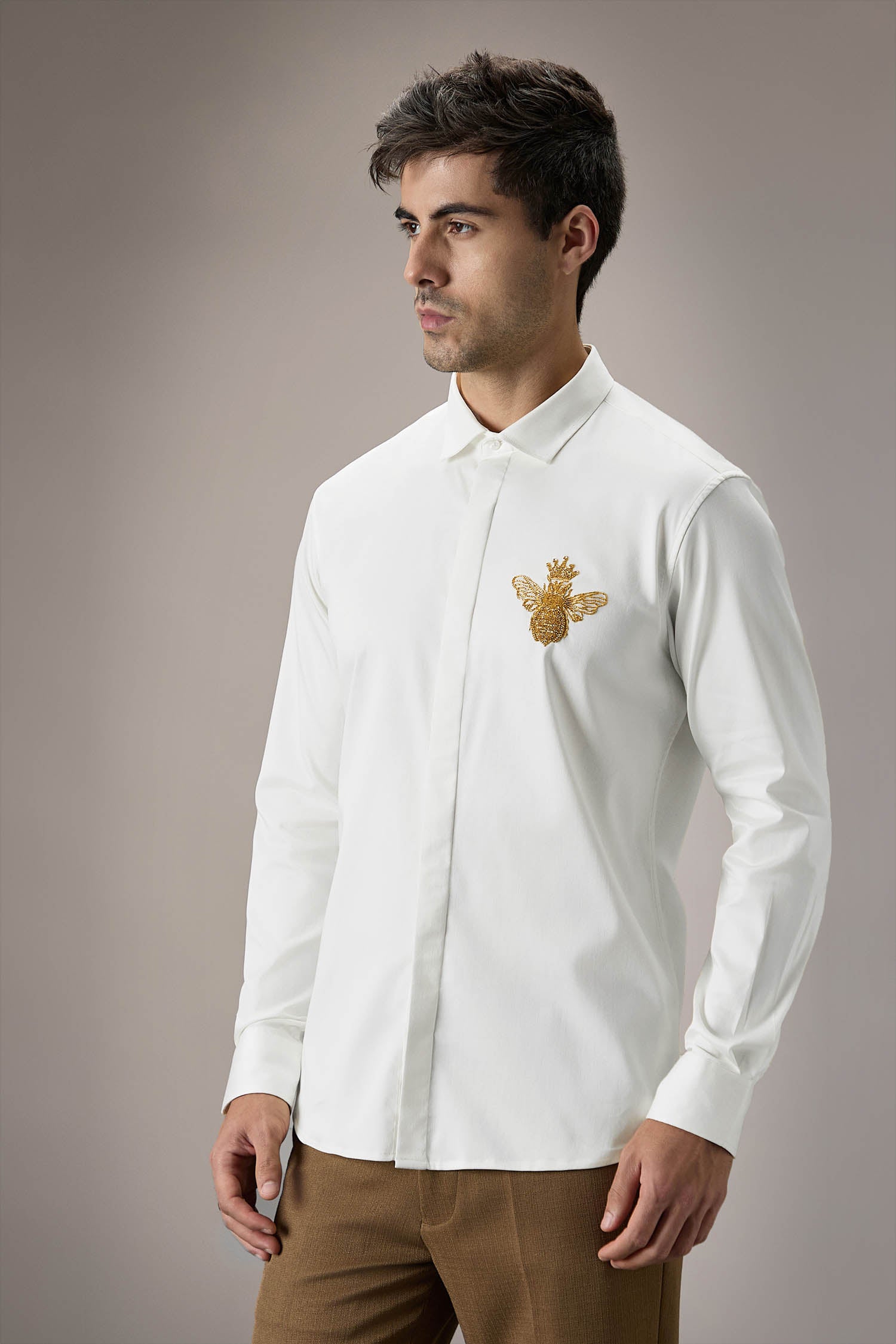 Queen Bee Hand Embroidered Designer Shirt - White