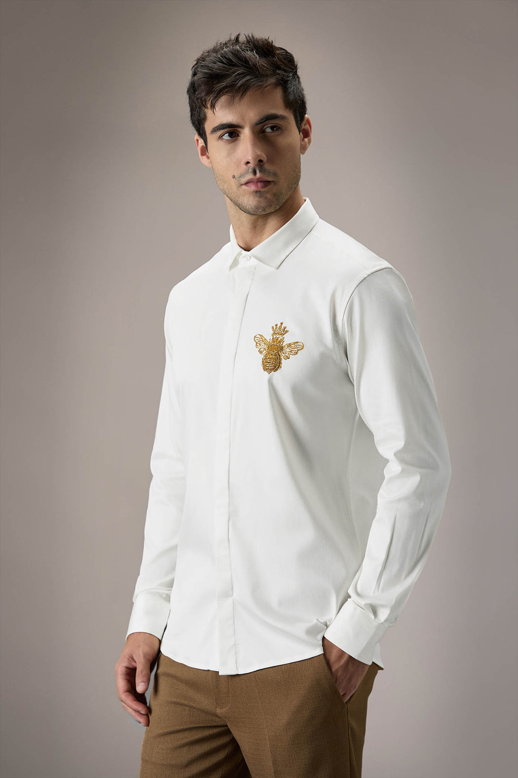 Queen Bee Hand Embroidered Designer Shirt - White