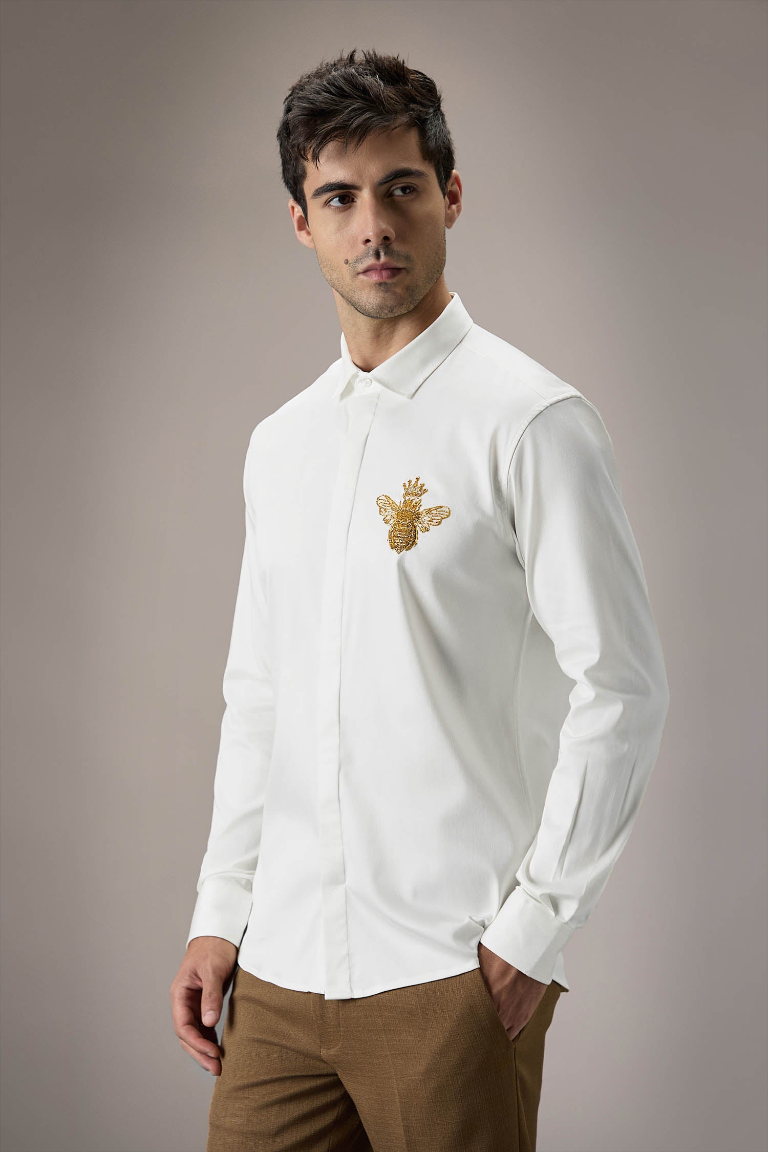 Queen Bee Hand Embroidered Designer Shirt - White