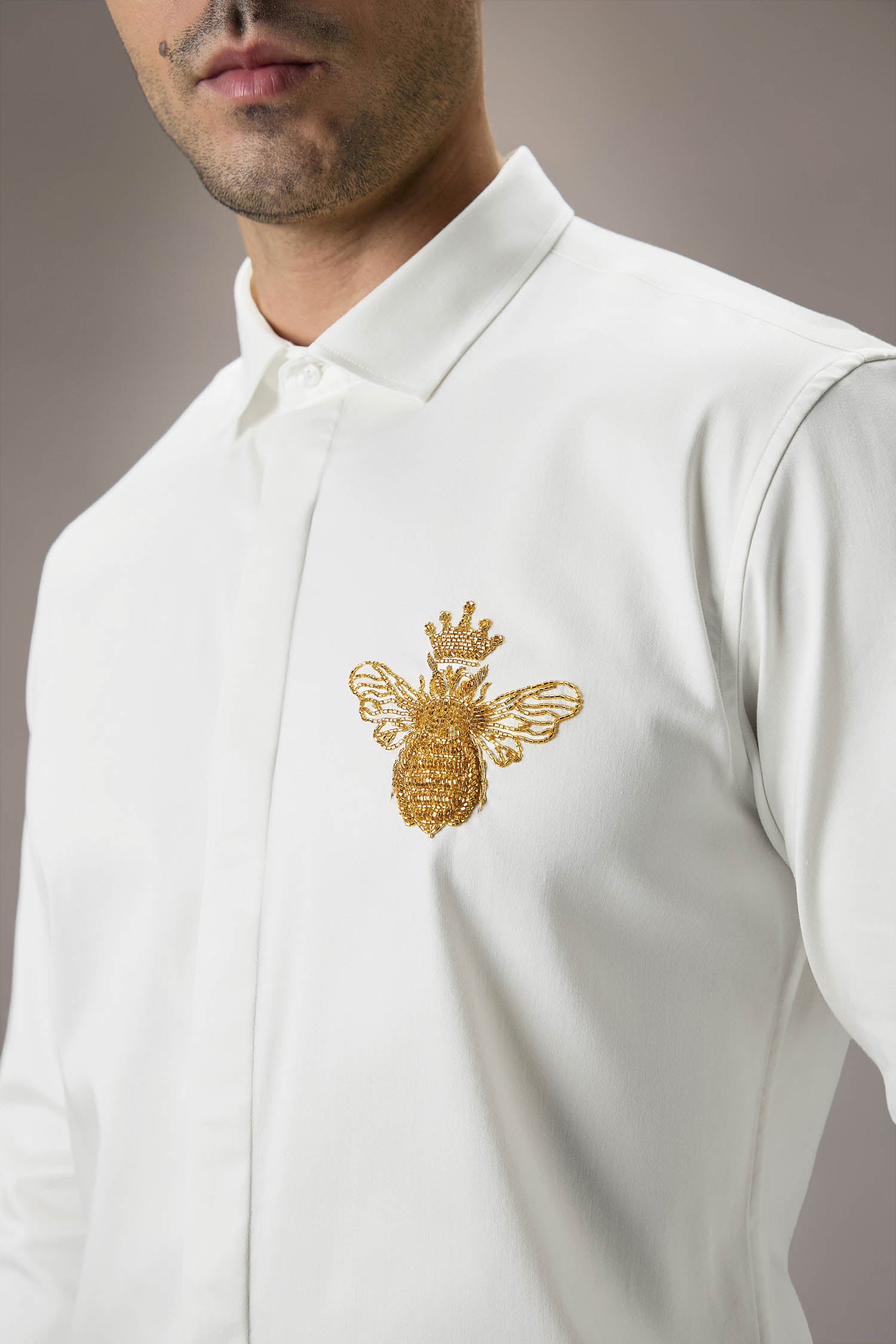 Queen Bee Hand Embroidered Designer Shirt - White