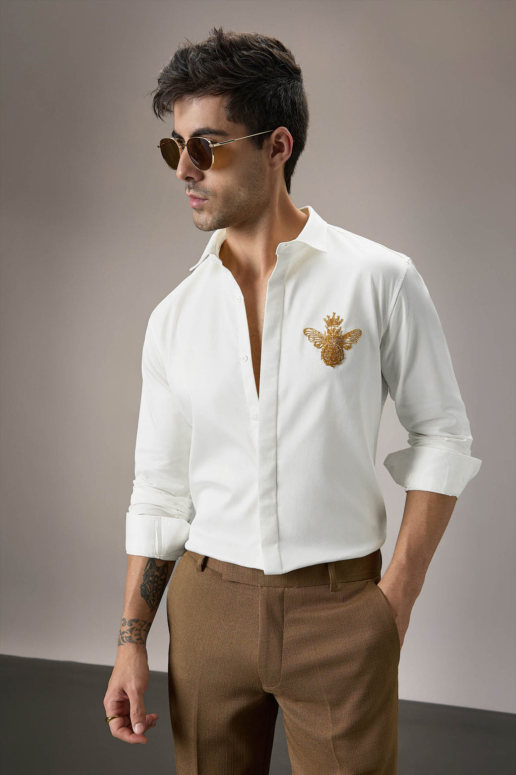 Queen Bee Hand Embroidered Designer Shirt - White