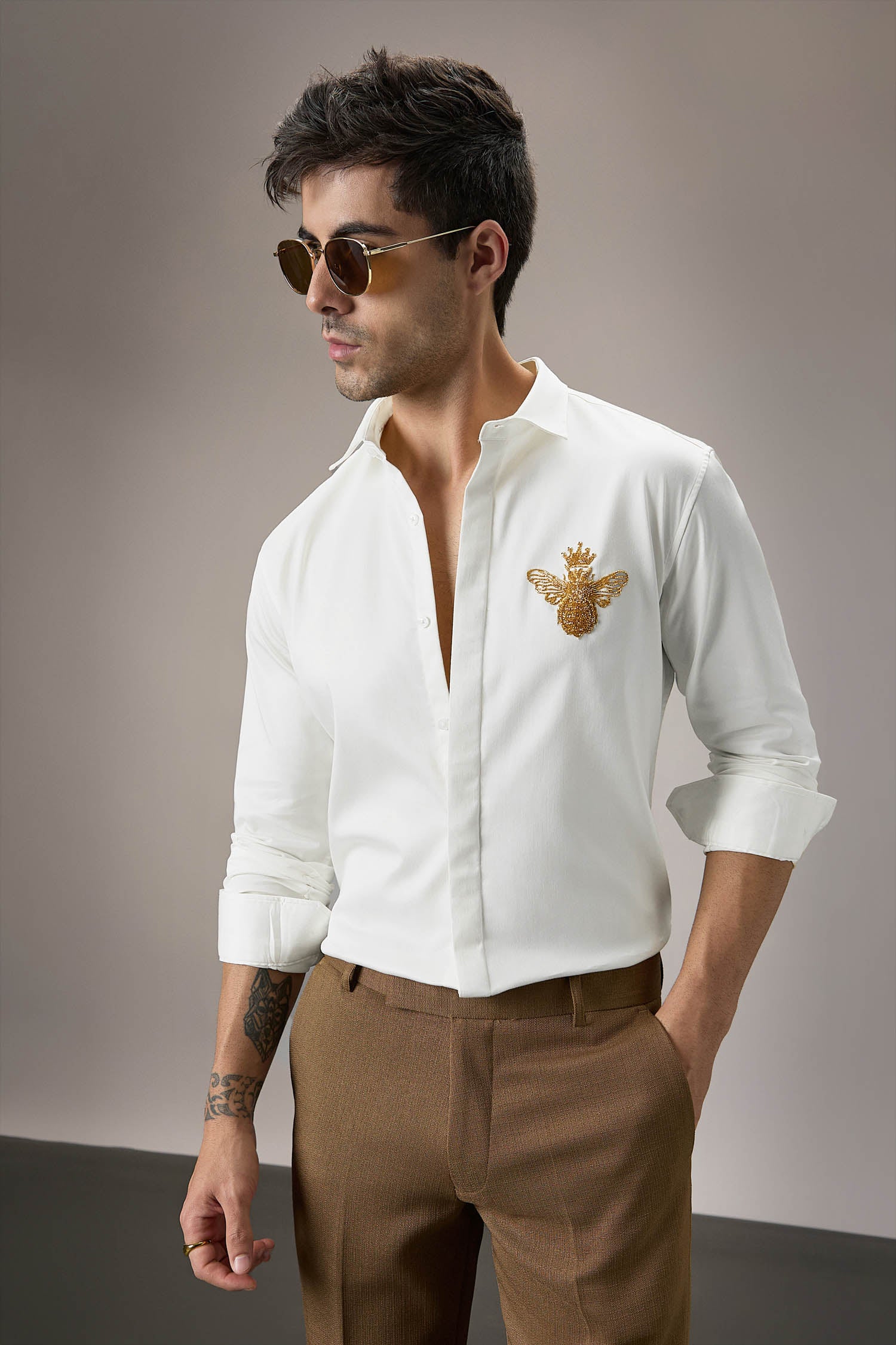 Queen Bee Hand Embroidered Designer Shirt - White