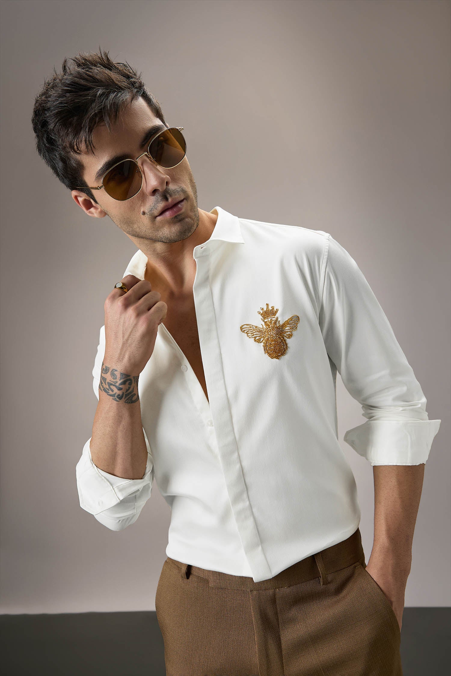 Queen Bee Hand Embroidered Designer Shirt - White