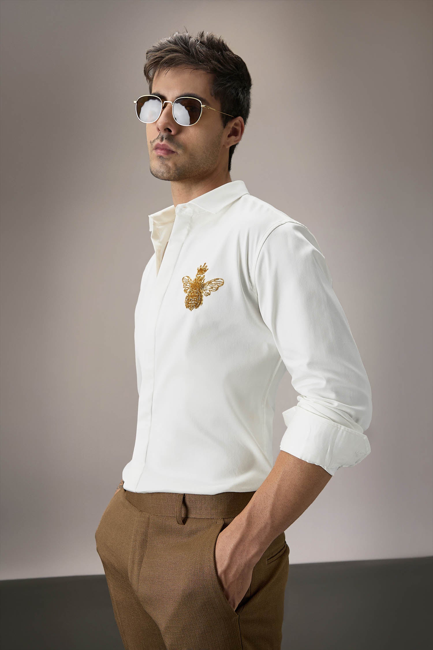 Queen Bee Hand Embroidered Designer Shirt - White
