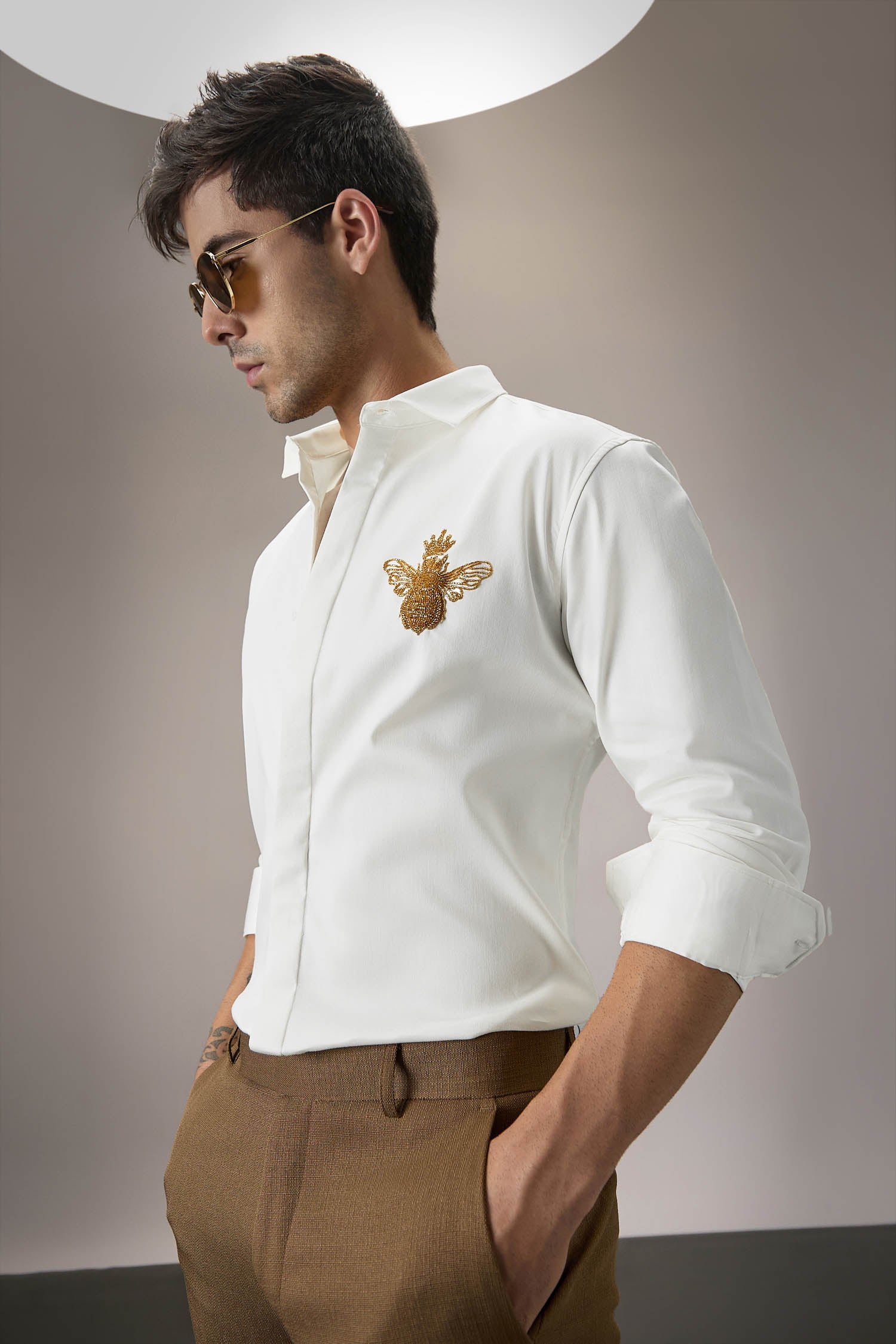 Queen Bee Hand Embroidered Designer Shirt - White