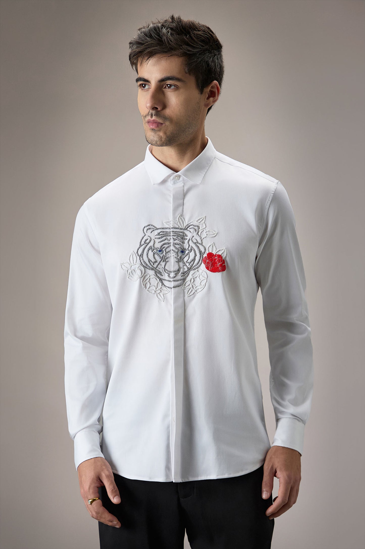 Flora And Fauna (Tiger)- Hand Embroidered Designer Shirt - White