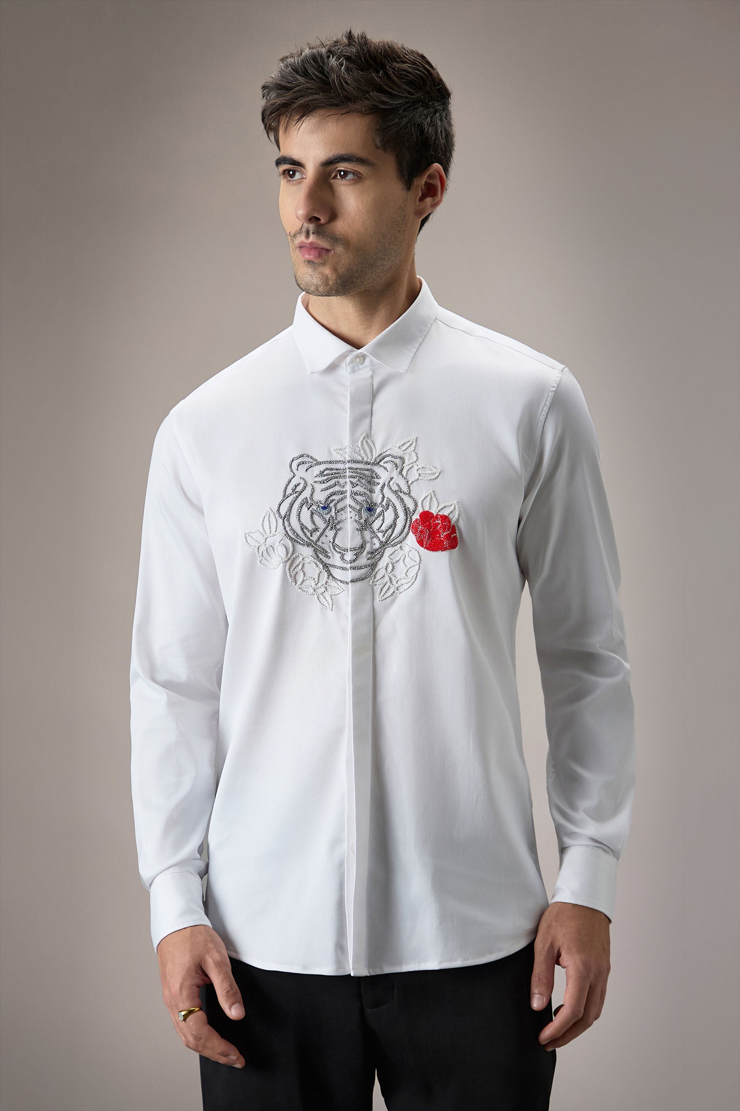 Flora And Fauna (Tiger)- Hand Embroidered Designer Shirt - White