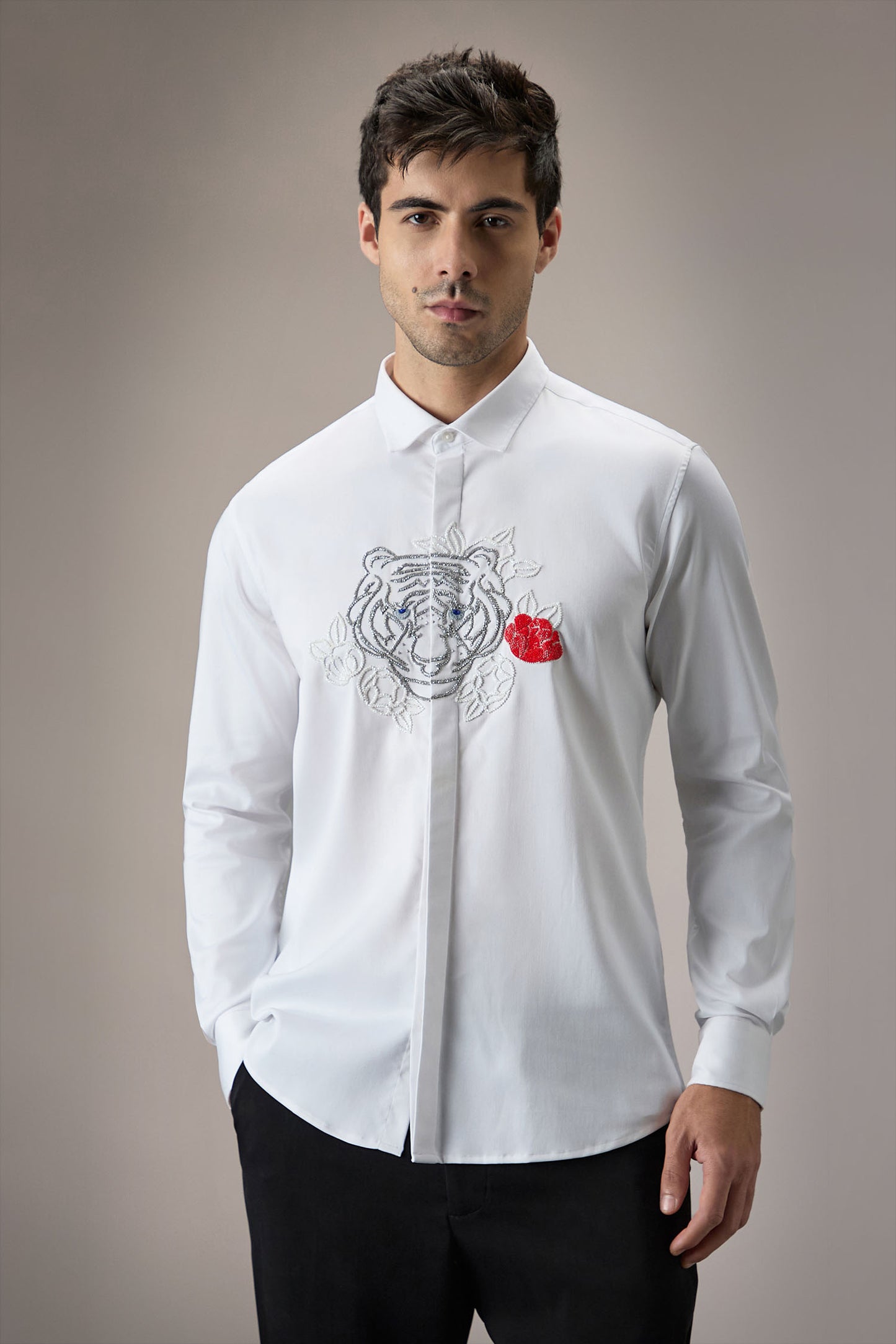 Flora And Fauna (Tiger)- Hand Embroidered Designer Shirt - White