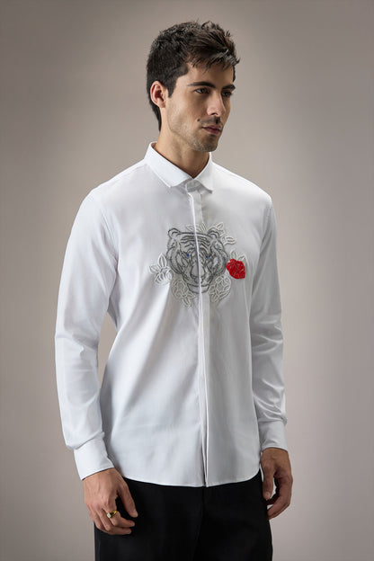 Flora And Fauna (Tiger)- Hand Embroidered Designer Shirt - White