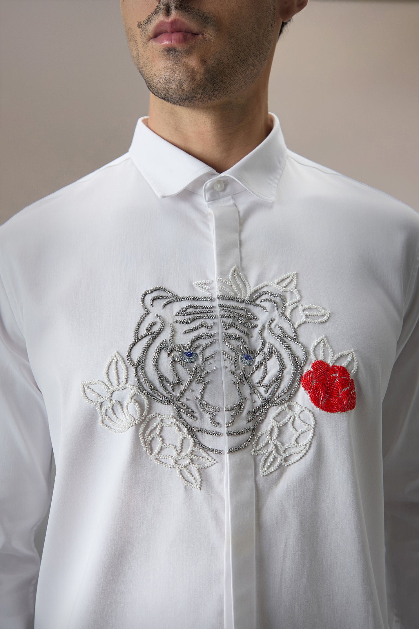 Flora And Fauna (Tiger)- Hand Embroidered Designer Shirt - White