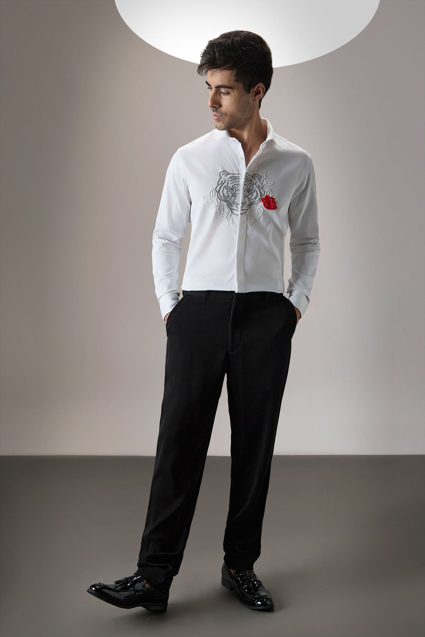 Flora And Fauna (Tiger)- Hand Embroidered Designer Shirt - White