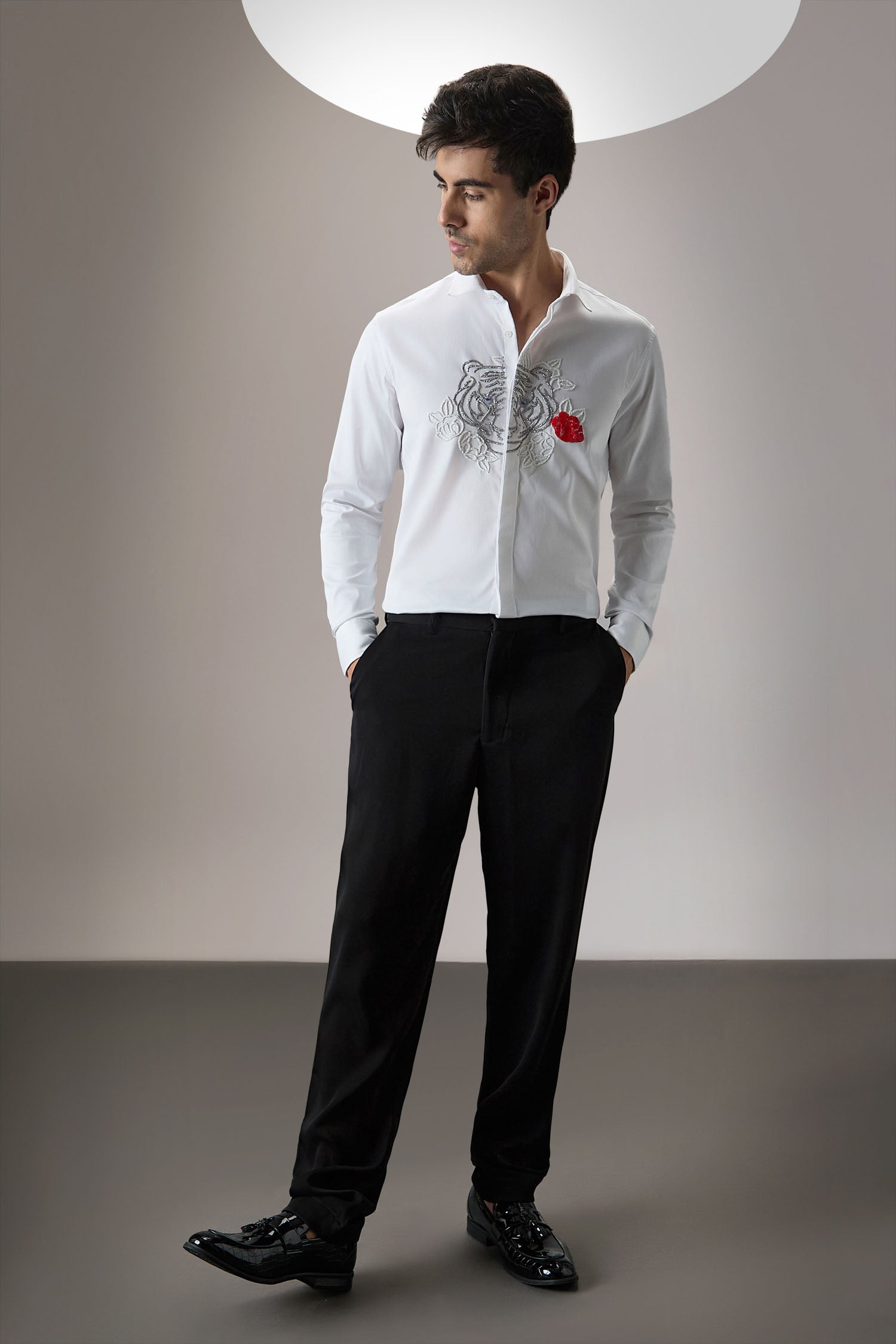 Flora And Fauna (Tiger)- Hand Embroidered Designer Shirt - White