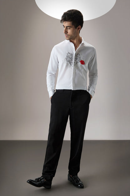 Flora And Fauna (Tiger)- Hand Embroidered Designer Shirt - White