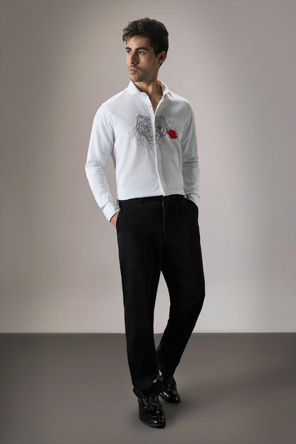 Flora And Fauna (Tiger)- Hand Embroidered Designer Shirt - White