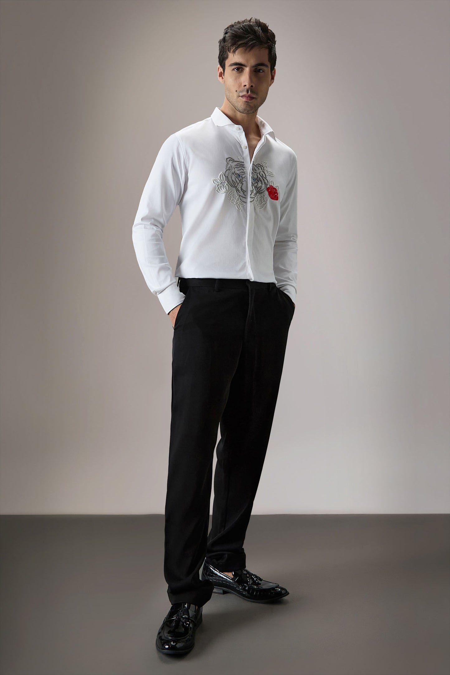 Flora And Fauna (Tiger)- Hand Embroidered Designer Shirt - White