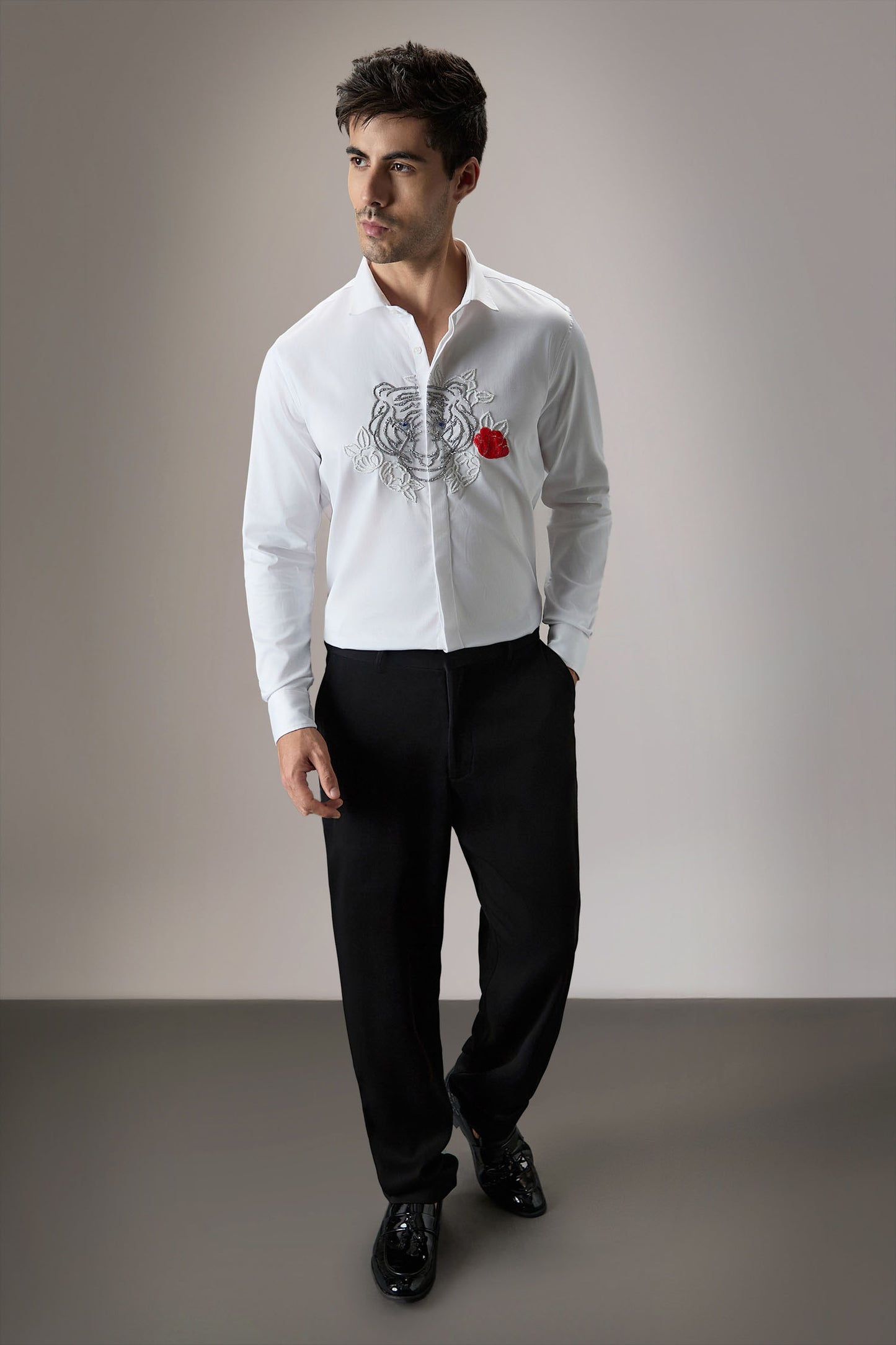 Flora And Fauna (Tiger)- Hand Embroidered Designer Shirt - White