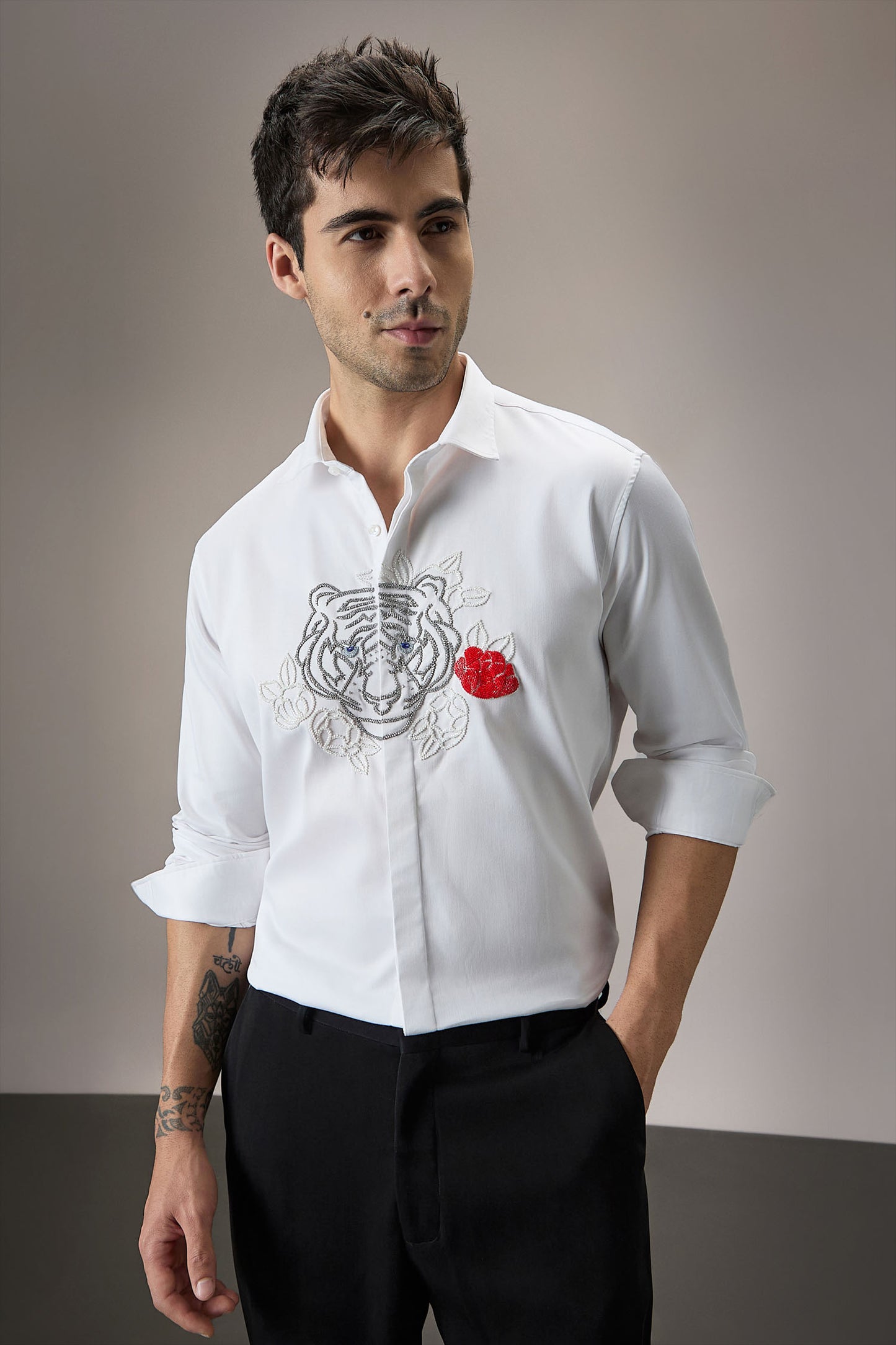 Flora And Fauna (Tiger)- Hand Embroidered Designer Shirt - White