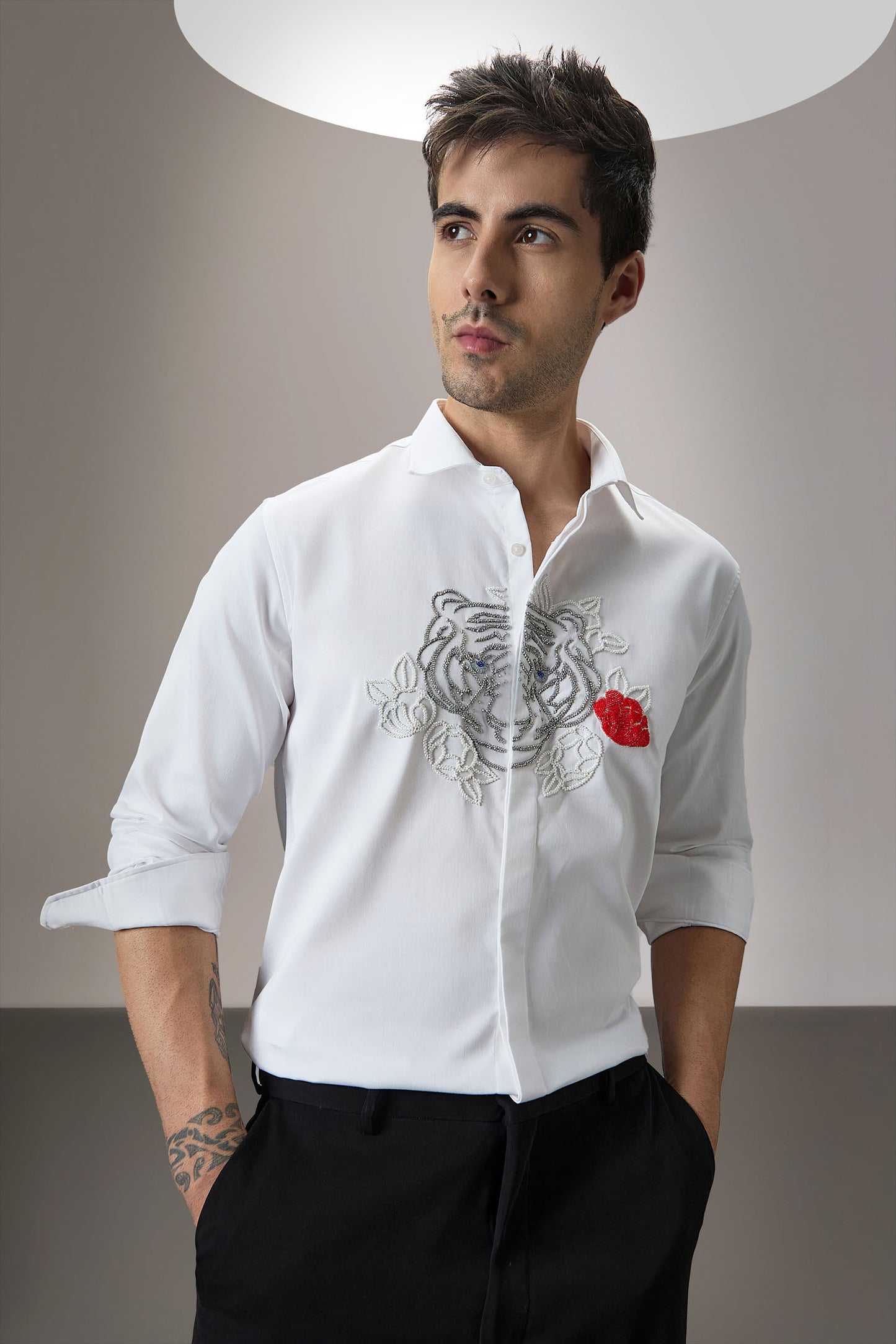 Flora And Fauna (Tiger)- Hand Embroidered Designer Shirt - White