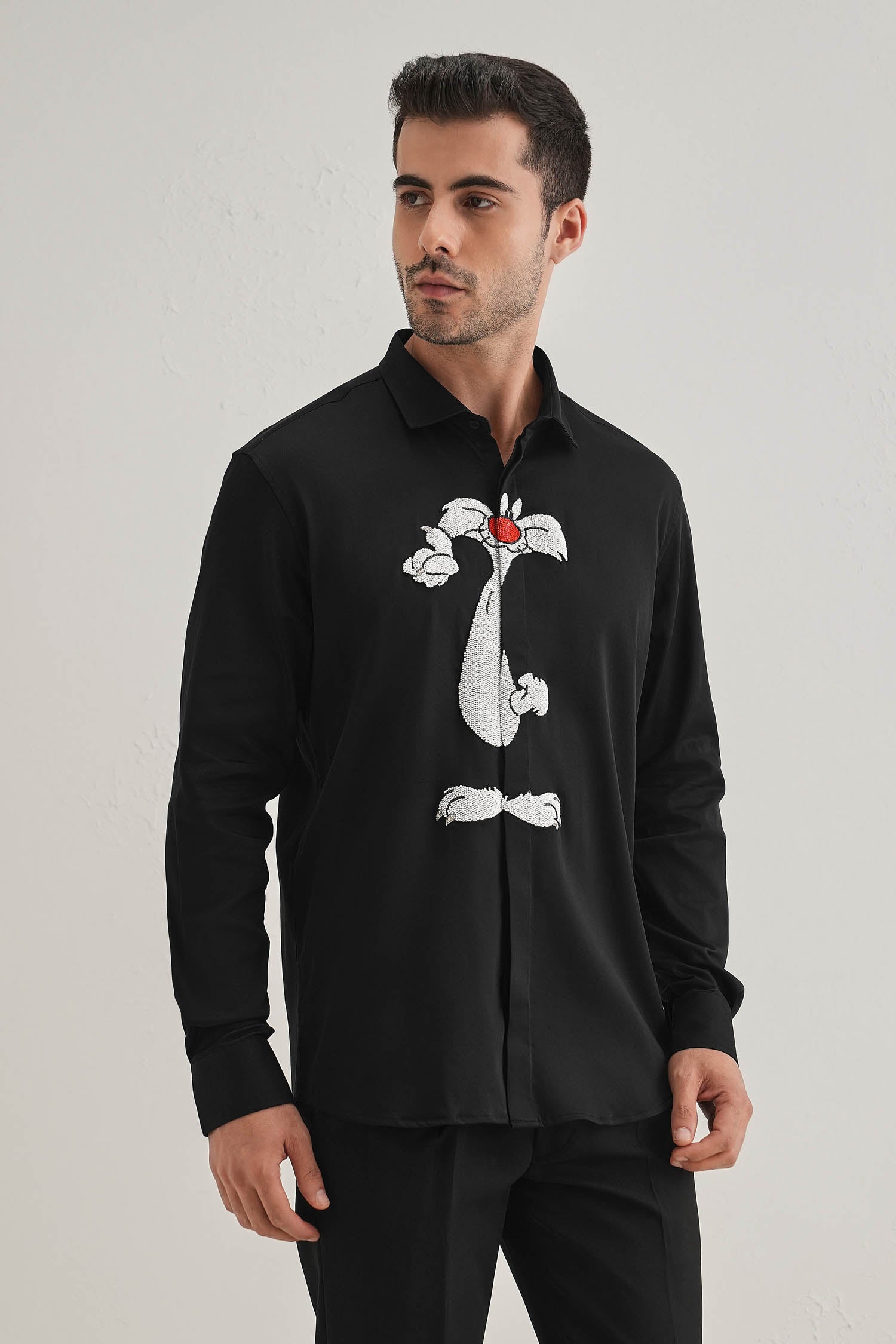 Sylvester - Hand Embroidered Designer Shirt - Black