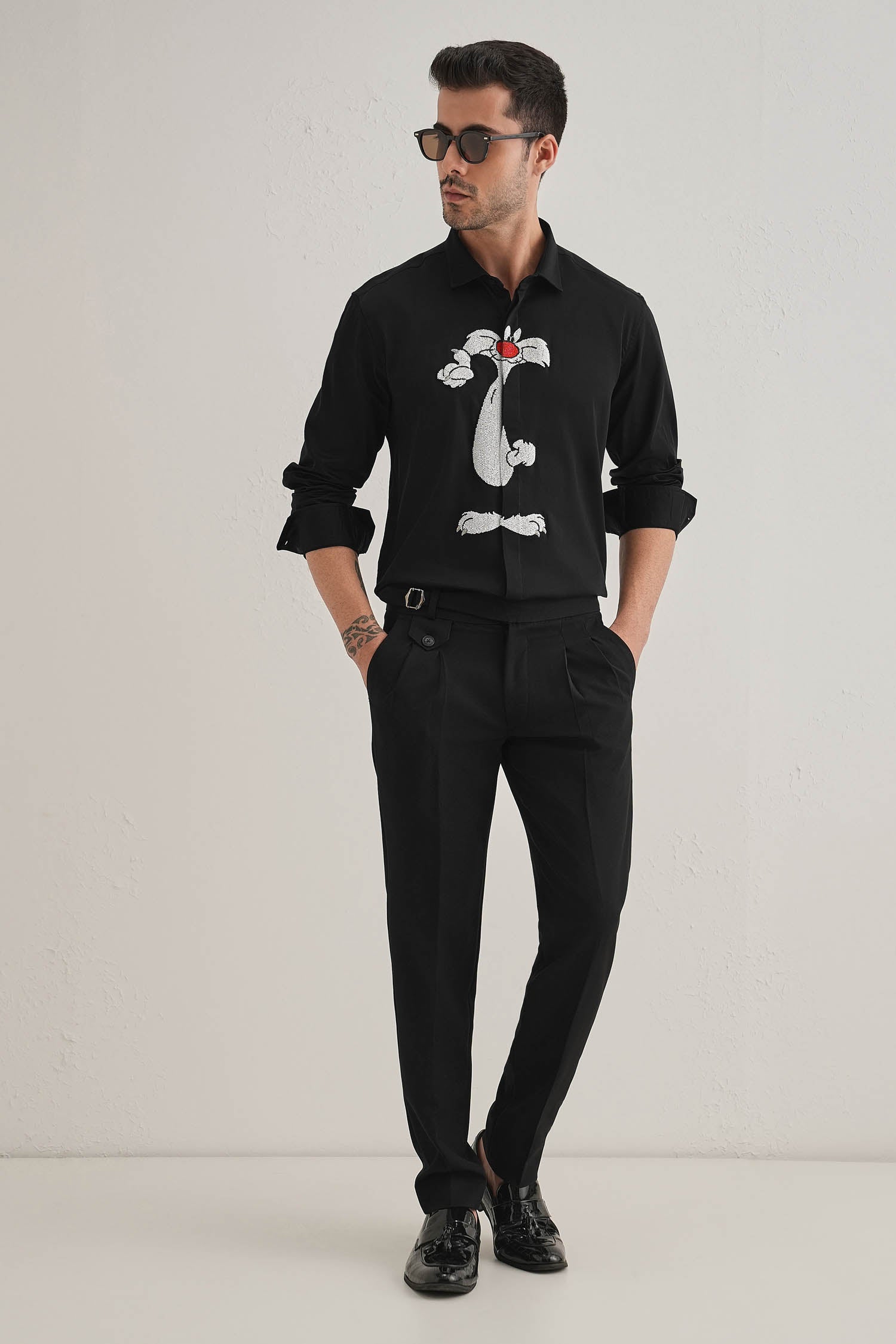 Sylvester - Hand Embroidered Designer Shirt - Black