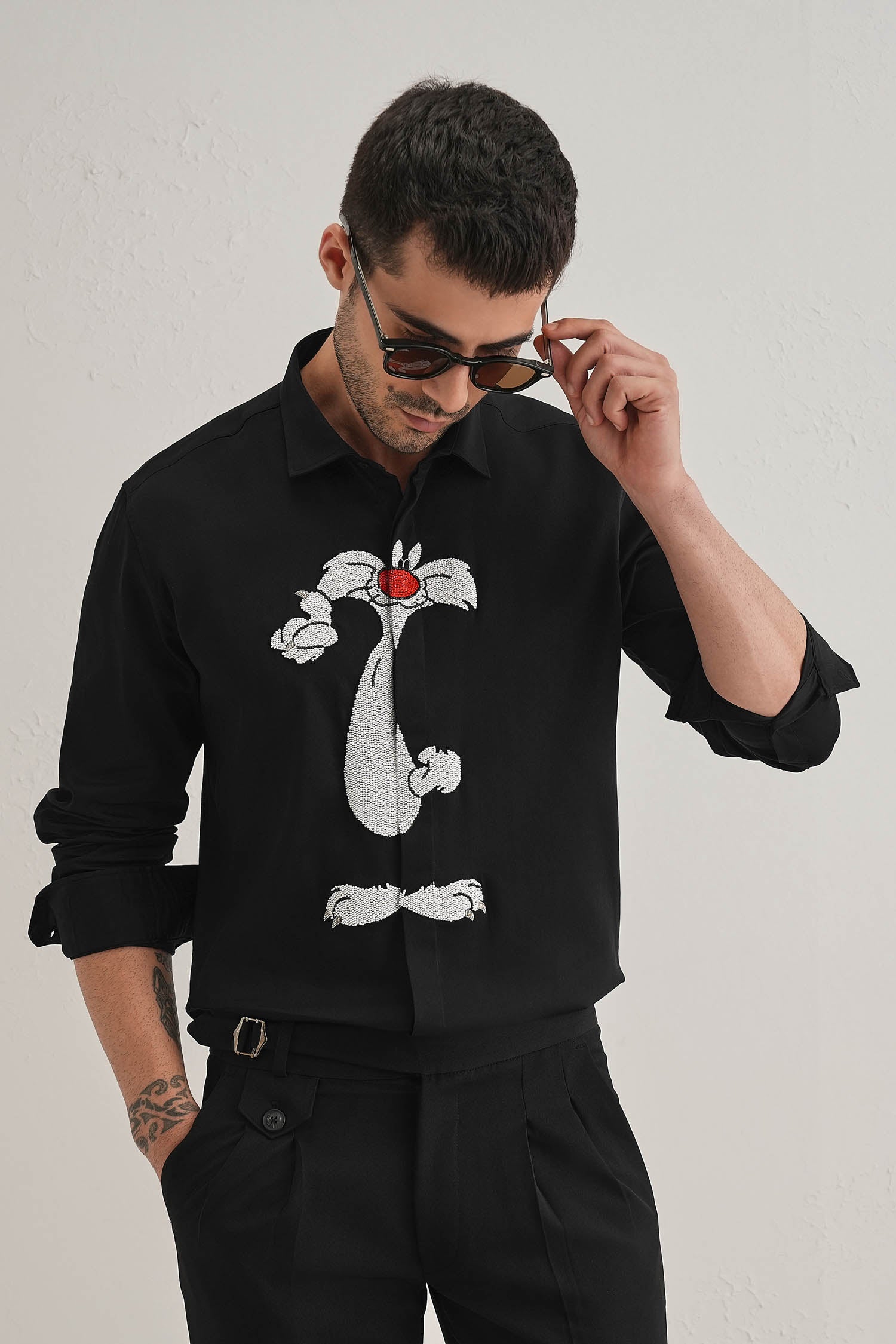 Sylvester - Hand Embroidered Designer Shirt - Black