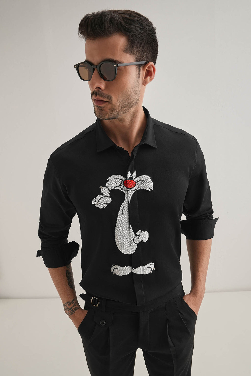 Sylvester Hand Embroidered Designer Shirt - Black
