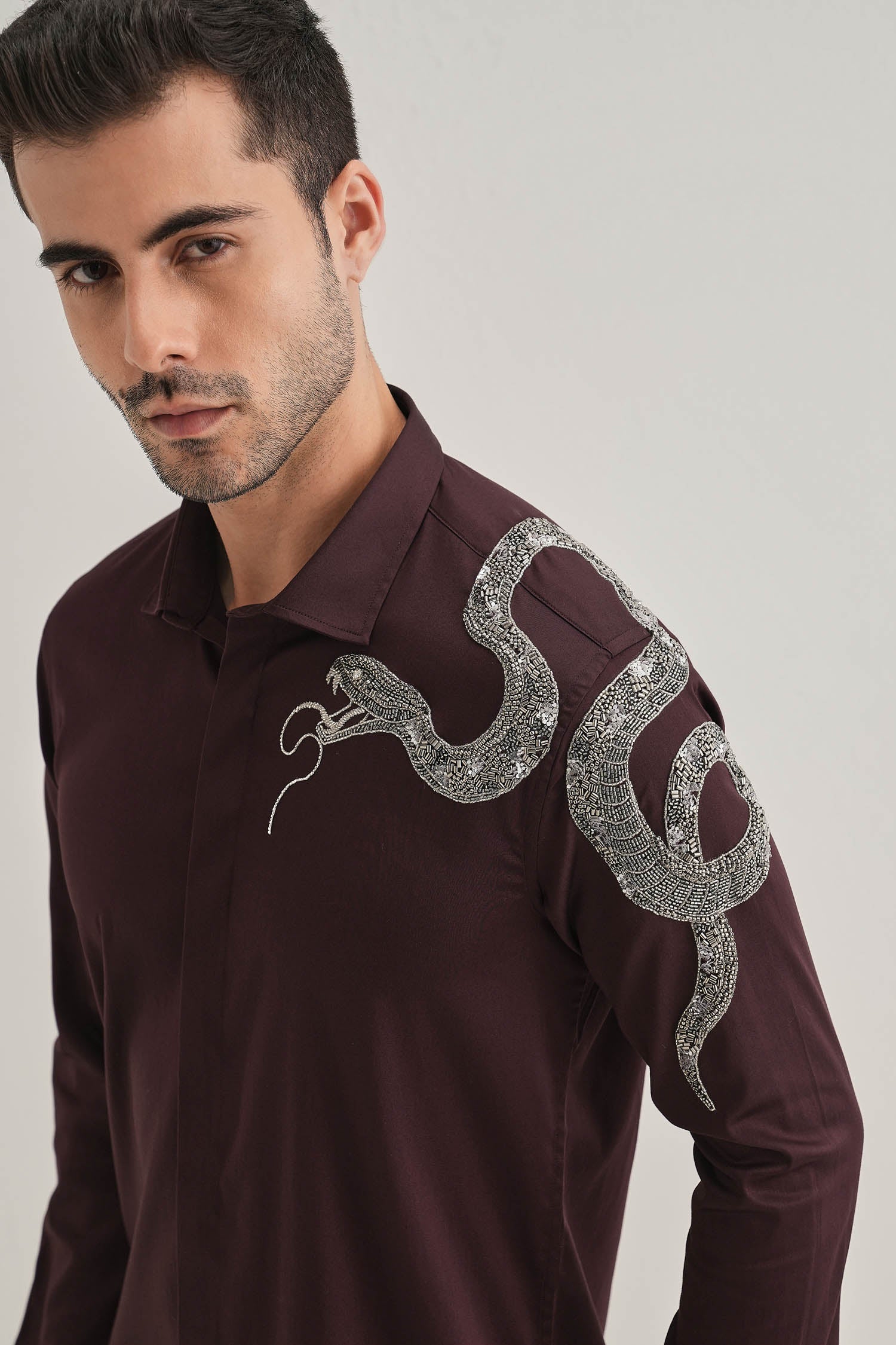 Viper- Hand Embroidered Designer Shirt - Wine