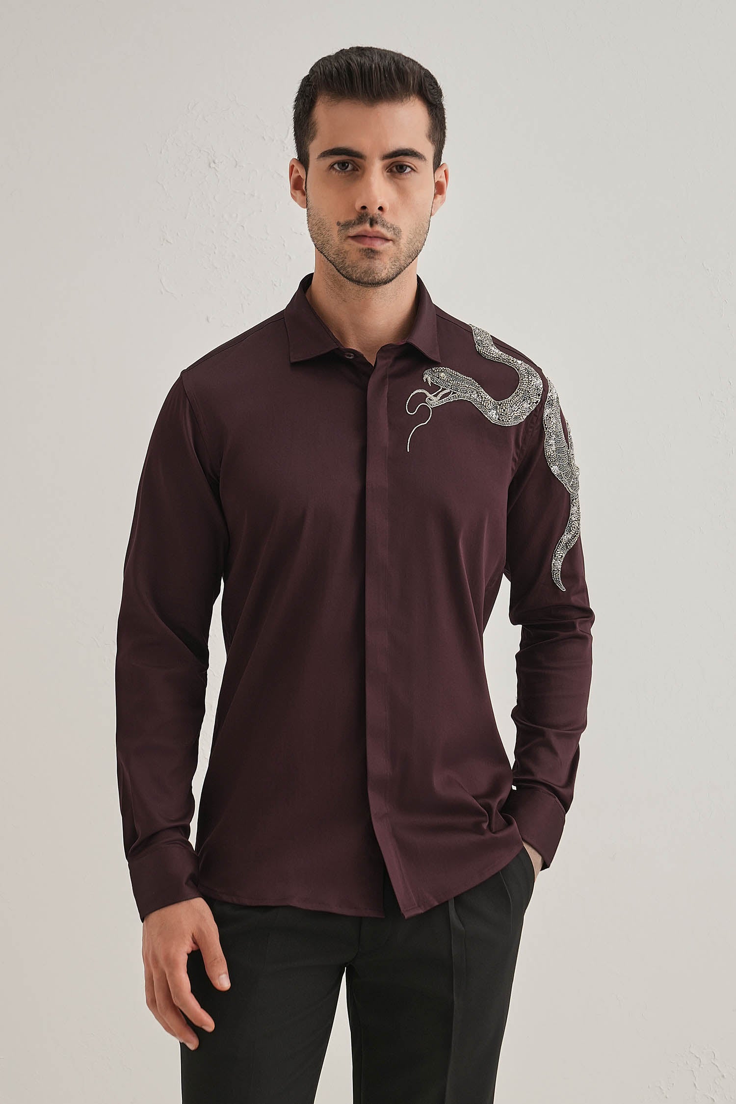 Viper- Hand Embroidered Designer Shirt - Wine