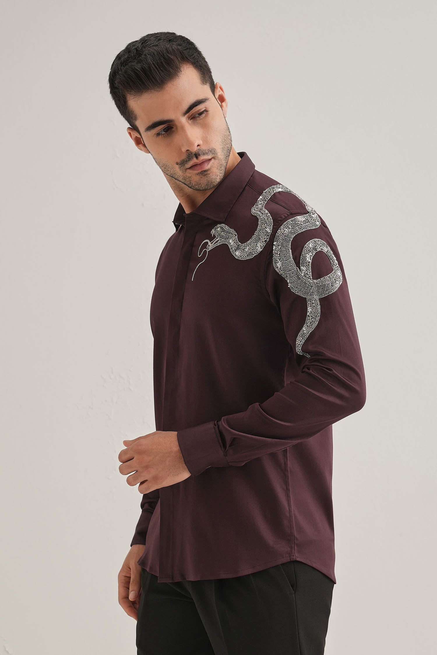 Viper- Hand Embroidered Designer Shirt - Wine