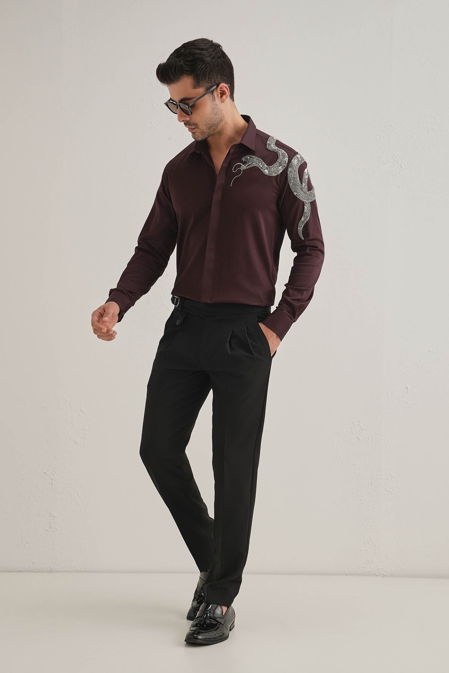 Viper- Hand Embroidered Designer Shirt - Wine