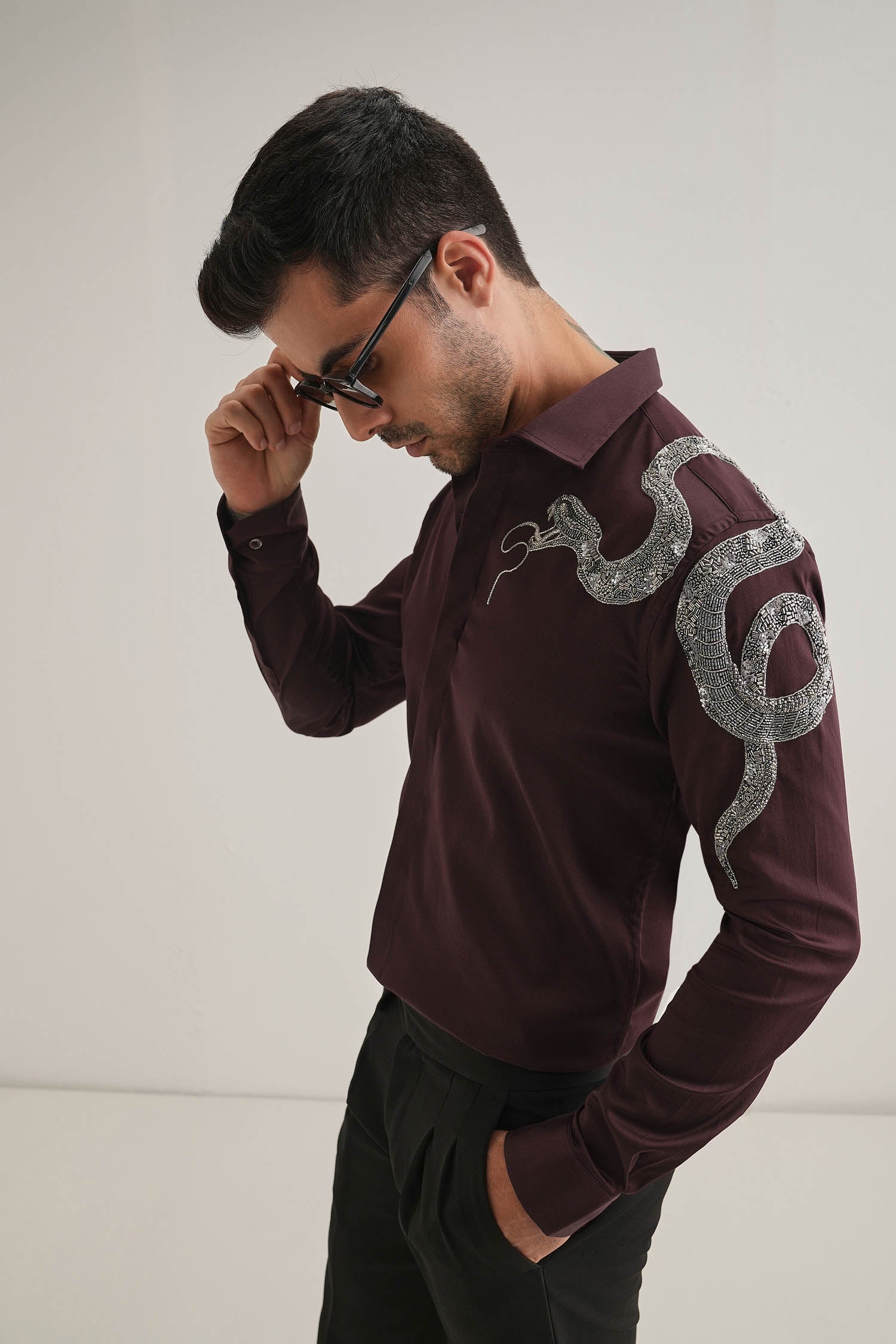 Viper- Hand Embroidered Designer Shirt - Wine