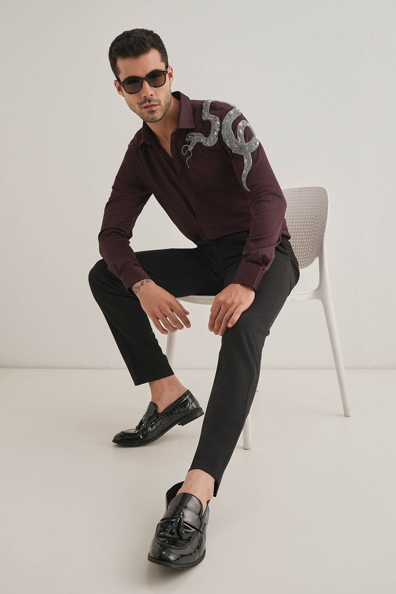 Viper- Hand Embroidered Designer Shirt - Wine