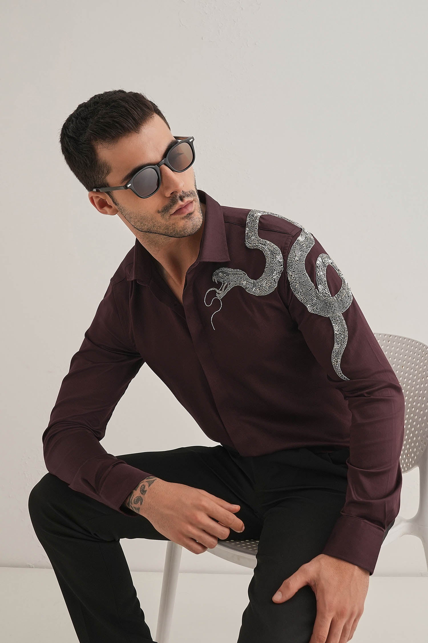 Viper- Hand Embroidered Designer Shirt - Wine