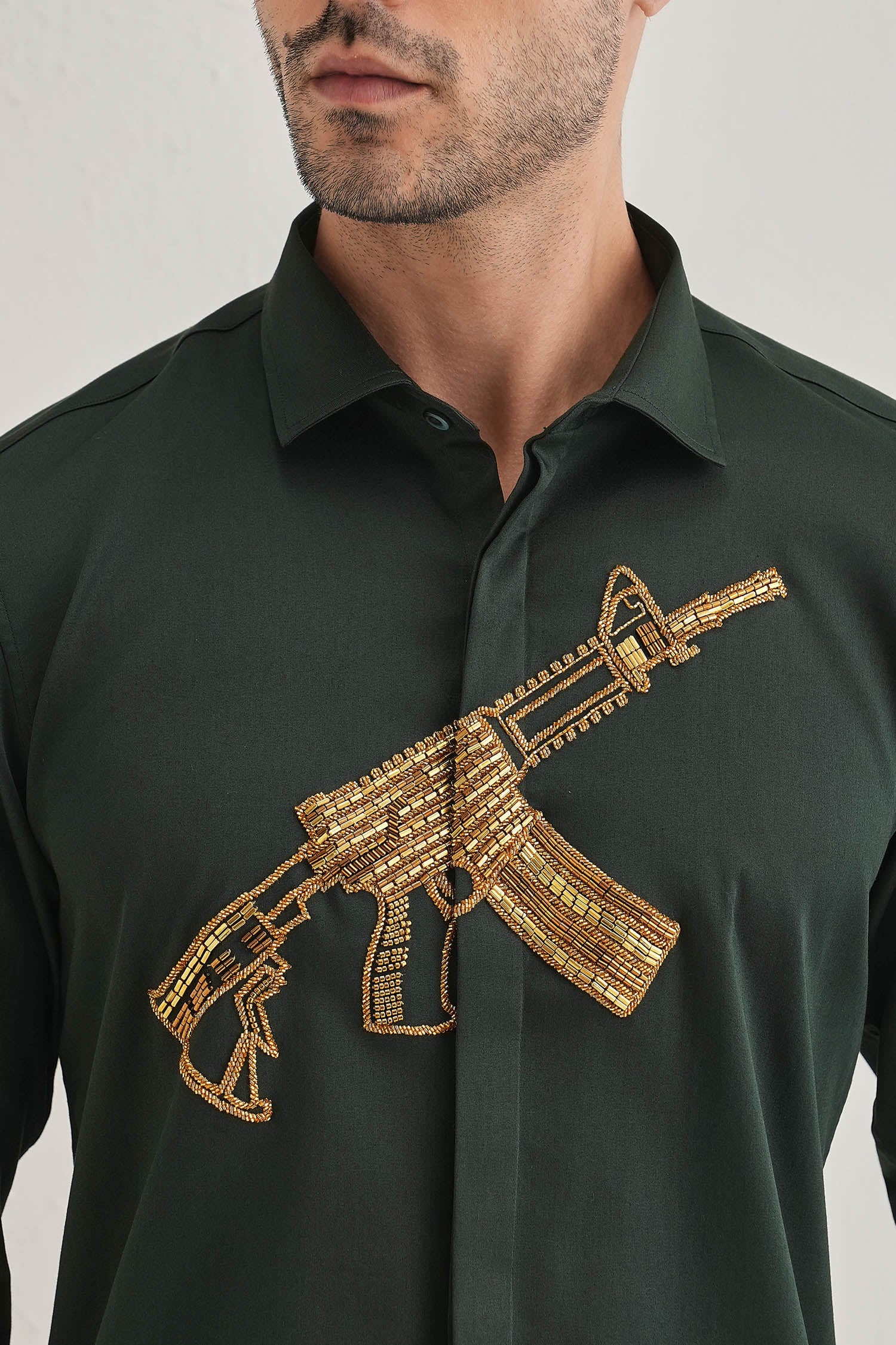 Sone Ki Bandookak47(Gun) - Hand Embroidered Designer Shirt - Bottle Green