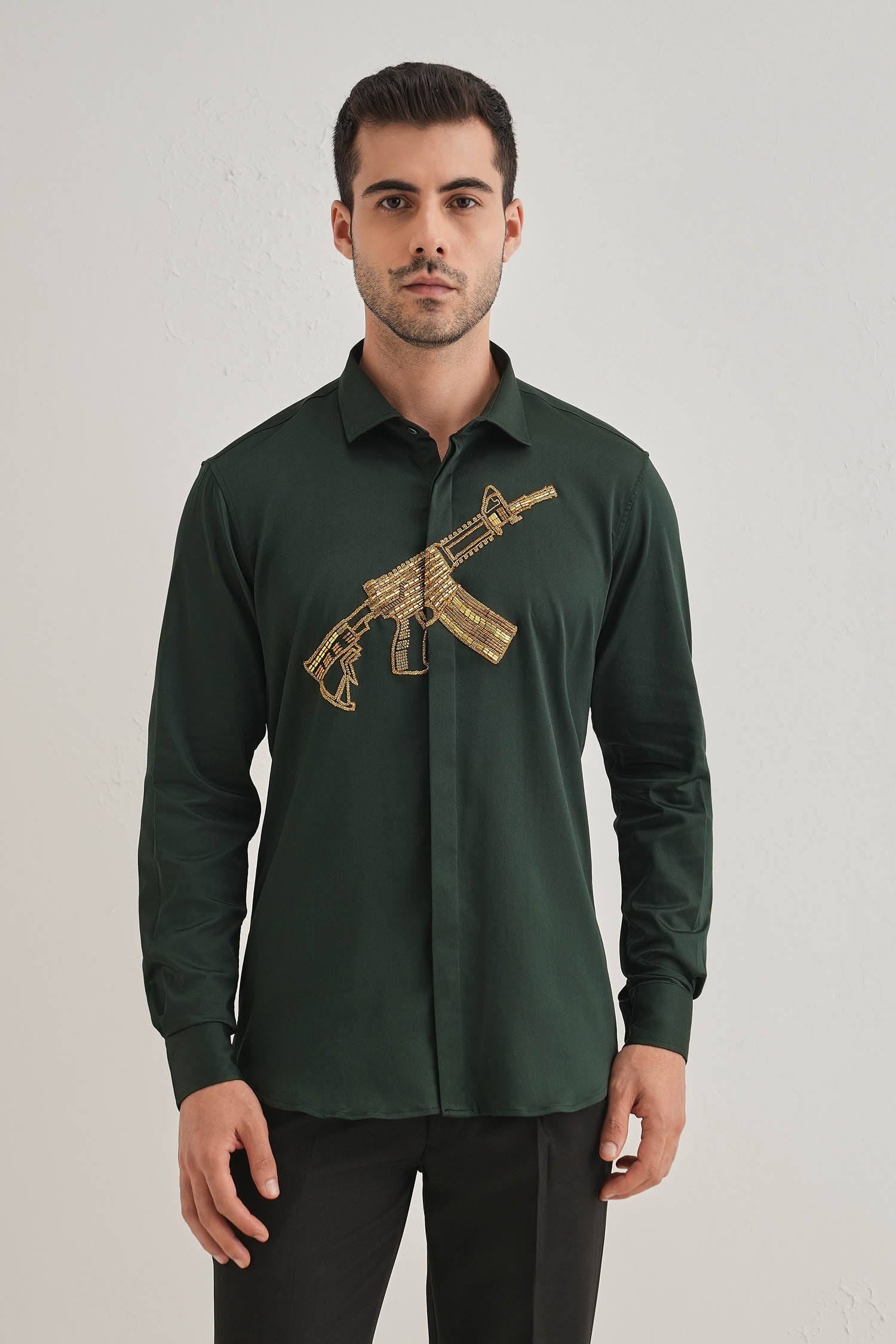 Sone Ki Bandookak47(Gun) - Hand Embroidered Designer Shirt - Bottle Green